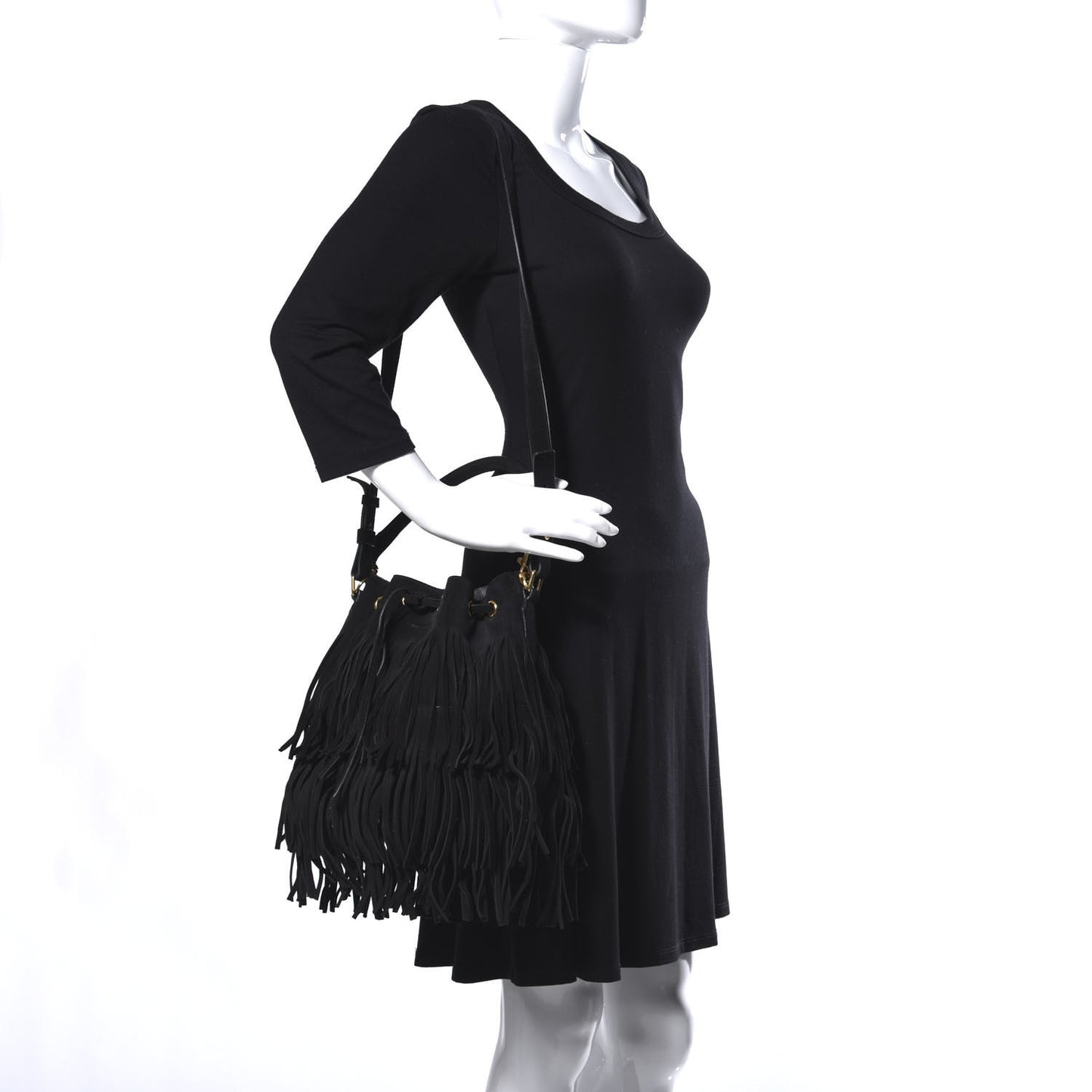 Suede Calfskin Medium Emmanuelle Fringe Bucket Bag Black