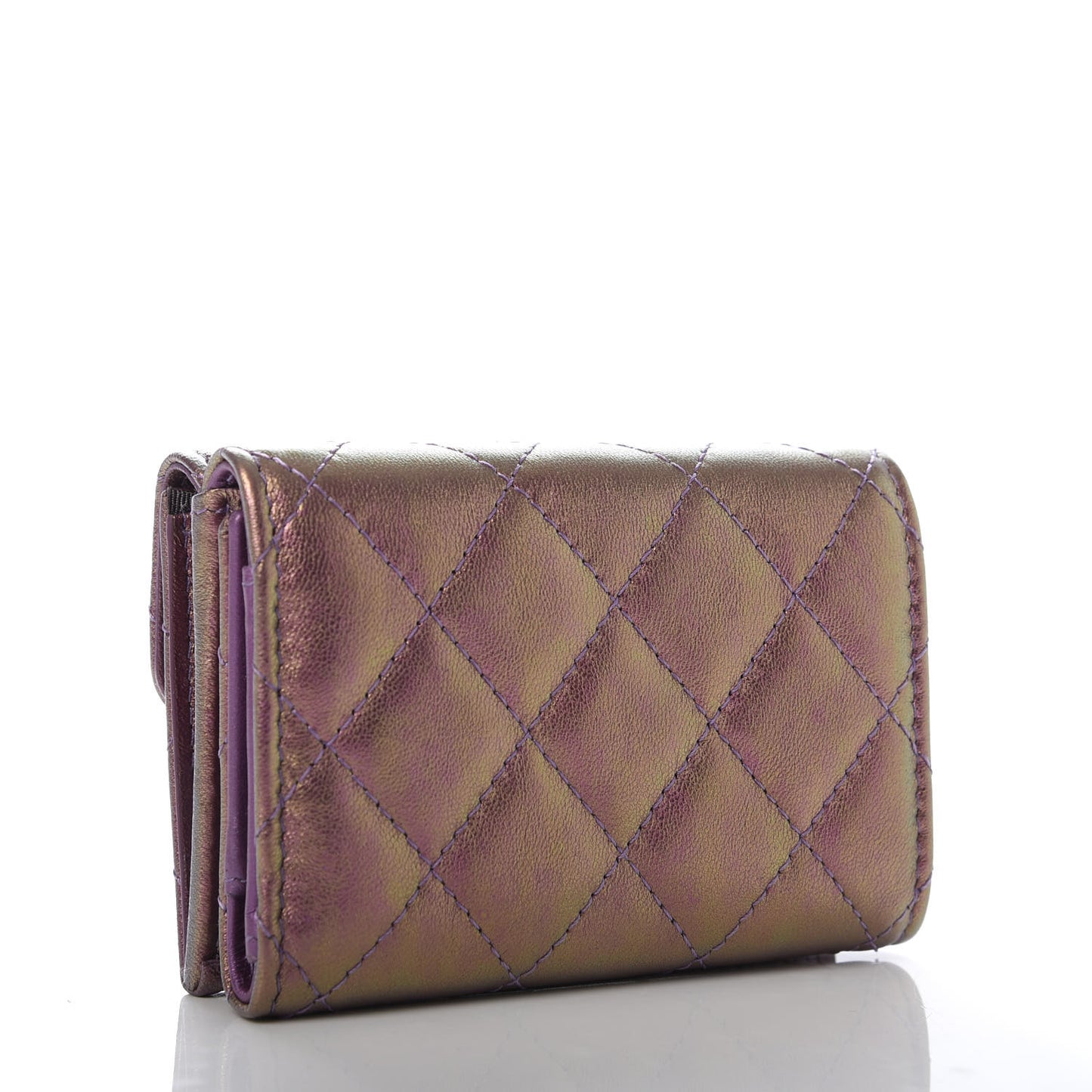 Iridescent Lambskin Small Quilted Flap Wallet Purple