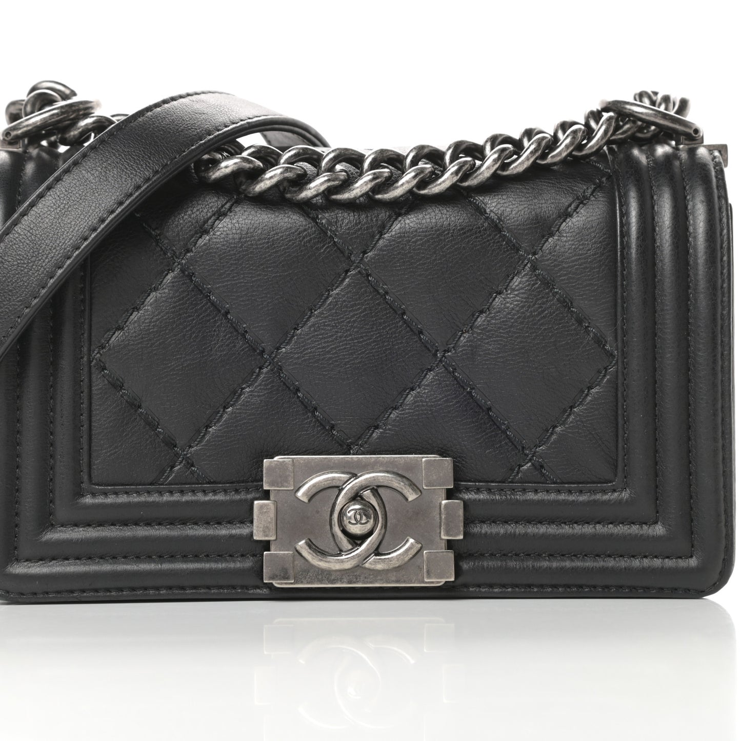 Calfskin Double Stitch Small Boy Flap Black