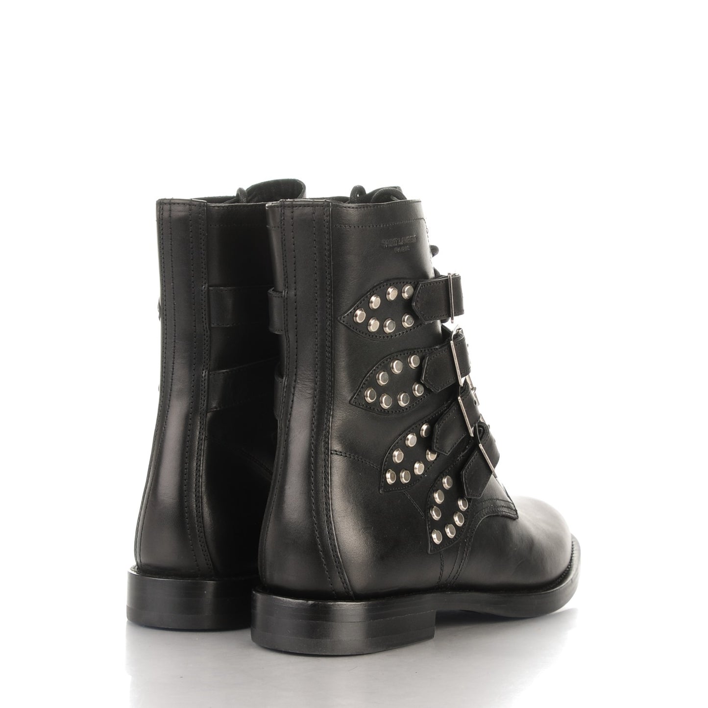 Smooth Calfskin Studded Strap Rangers Boots 40 Black