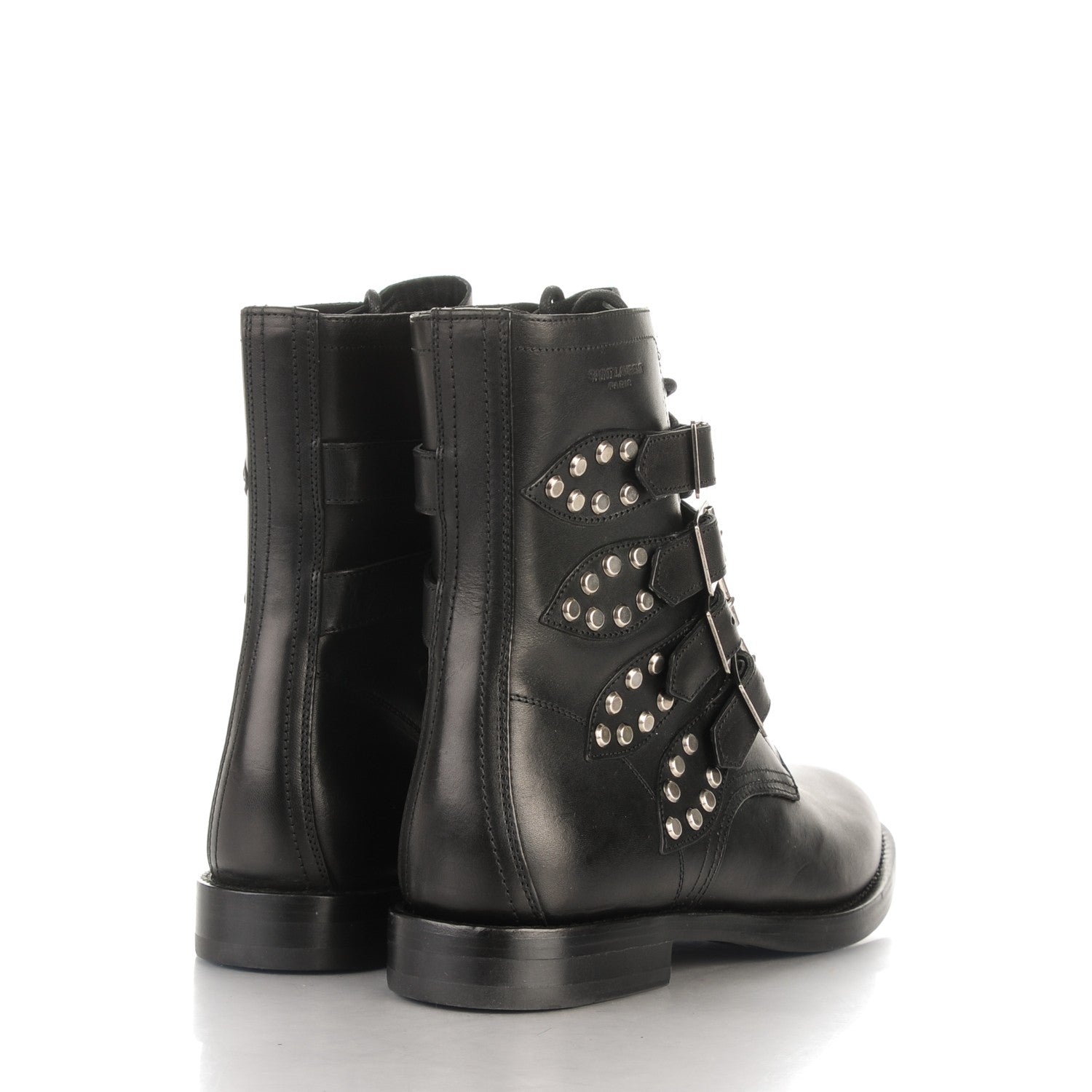 Saint Laurent Smooth Calfskin Studded Strap Rangers Boots 40 Black 4 of 9