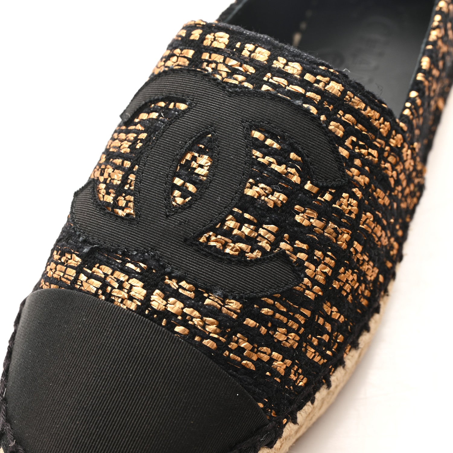 Chanel Metallic Tweed Grosgrain CC Espadrilles 38 Gold Black 10 of 11