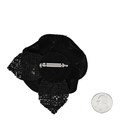 Chanel Tweed Fabric Camellia Pin Brooch Black 2 of 3