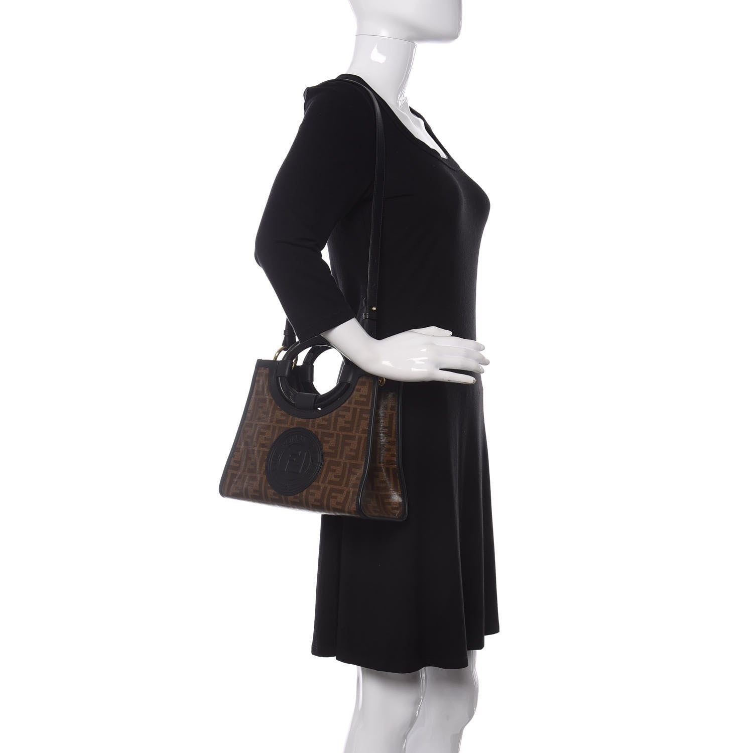 Fendi Glazed Fabric Vitello Century Plexiglass FF 1974 Stamp Patch Small Runaway Shopper Tote Mogano Panna Black 2 of 9