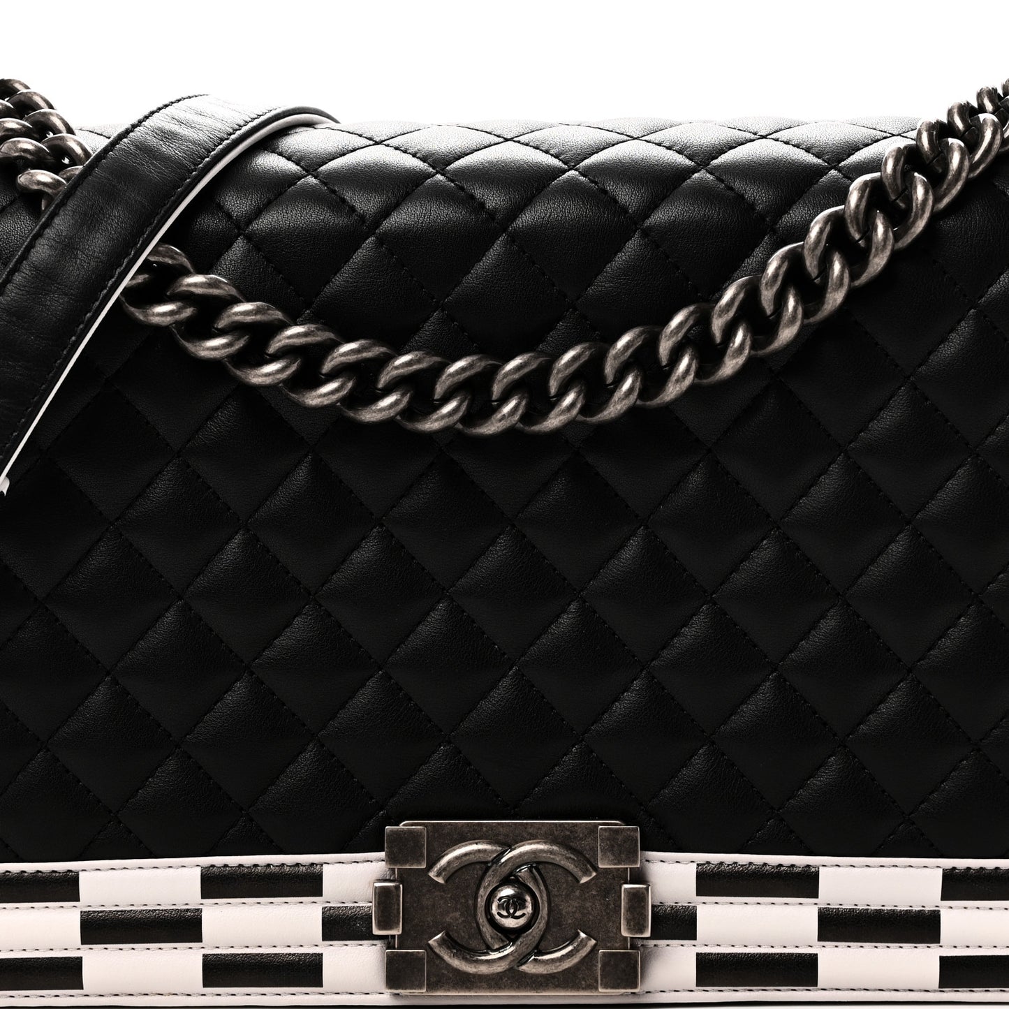 Calfskin Quilted Checkerboard Trim New Medium Boy Flap Black White
