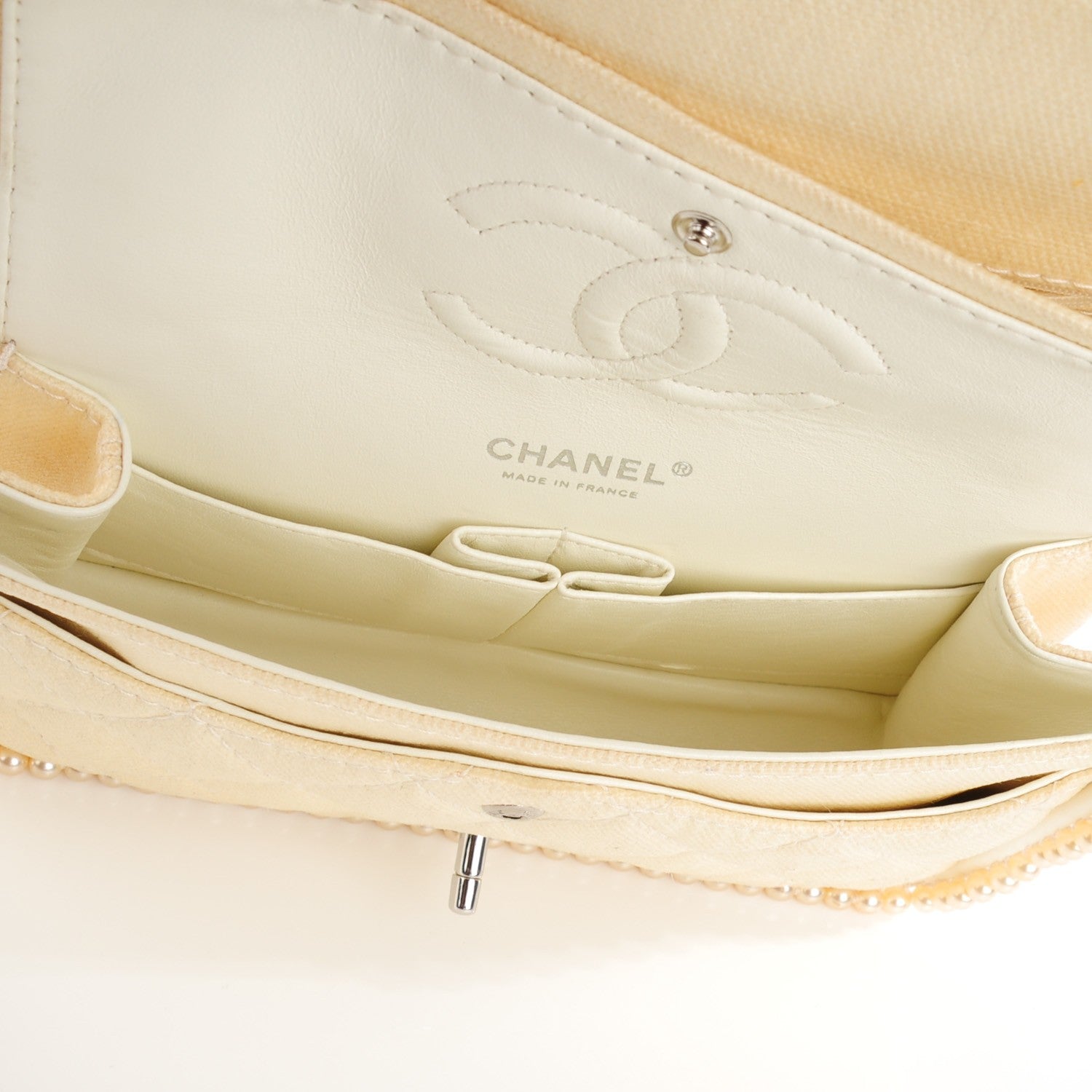 Chanel Canvas Quilted Pearl Trim Medium Flap Beige 6 of 8