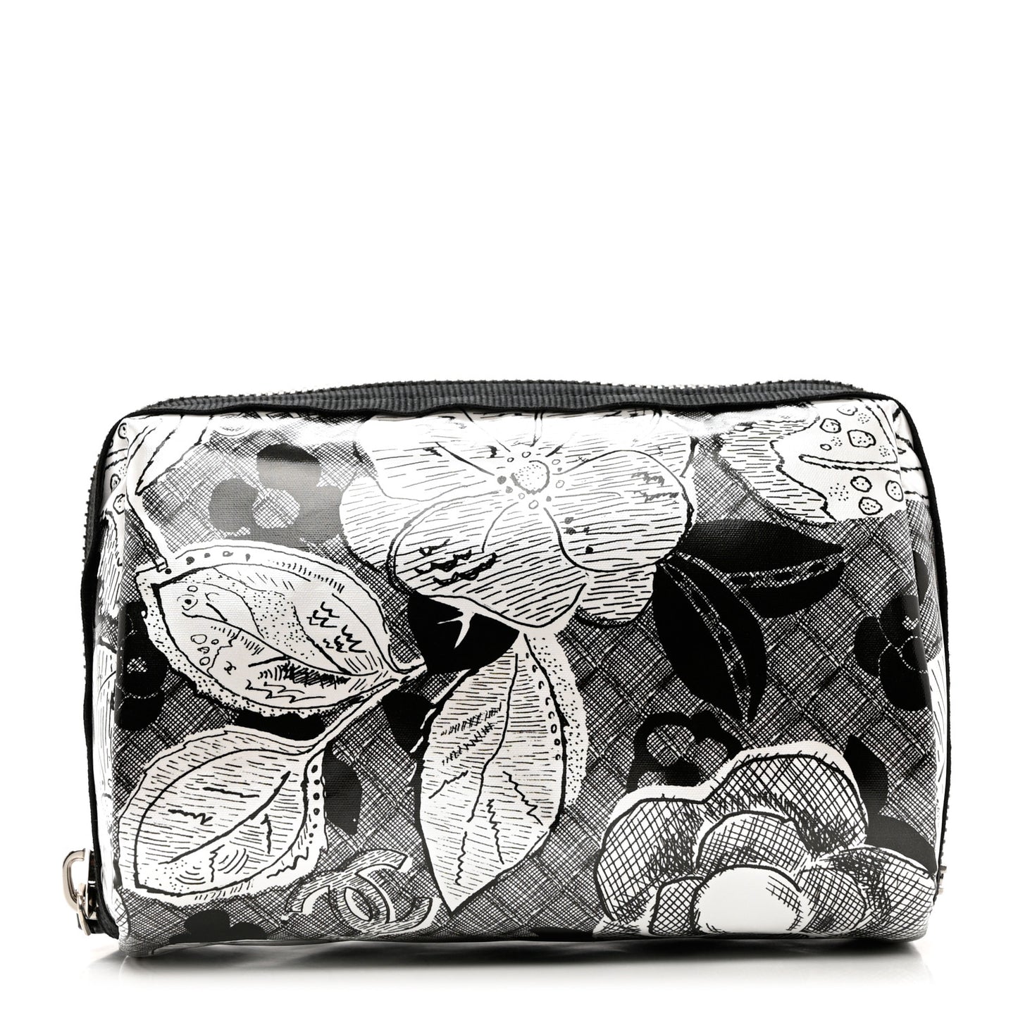 Coated Canvas Lambskin Camellia Cosmetic Pouch Black White
