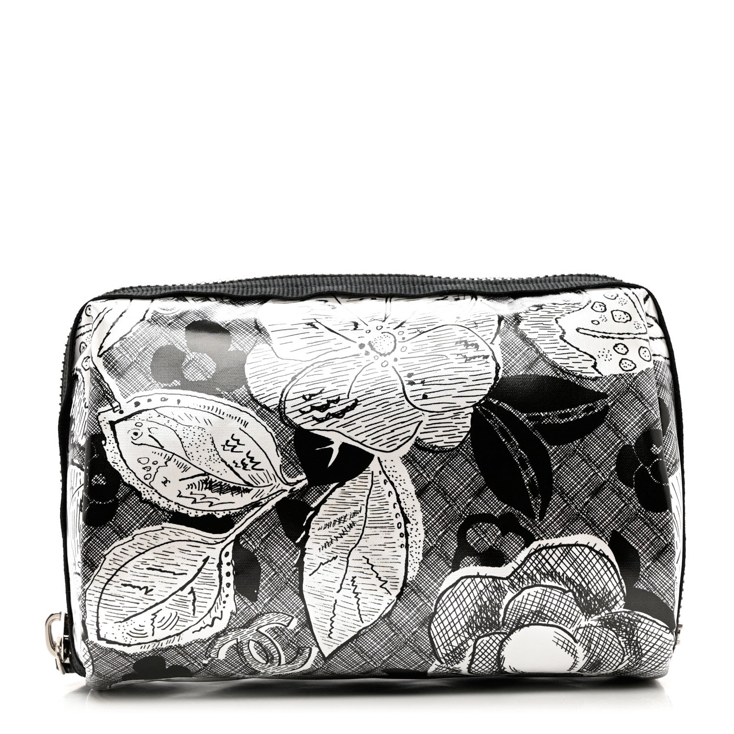 Chanel Coated Canvas Lambskin Camellia Cosmetic Pouch Black White 1 of 9