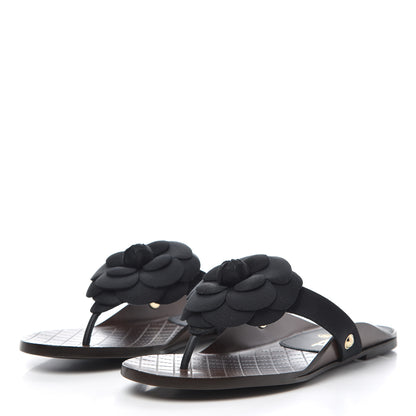 Chanel Grosgrain Camellia Thong Sandals 37 Black 2 of 9
