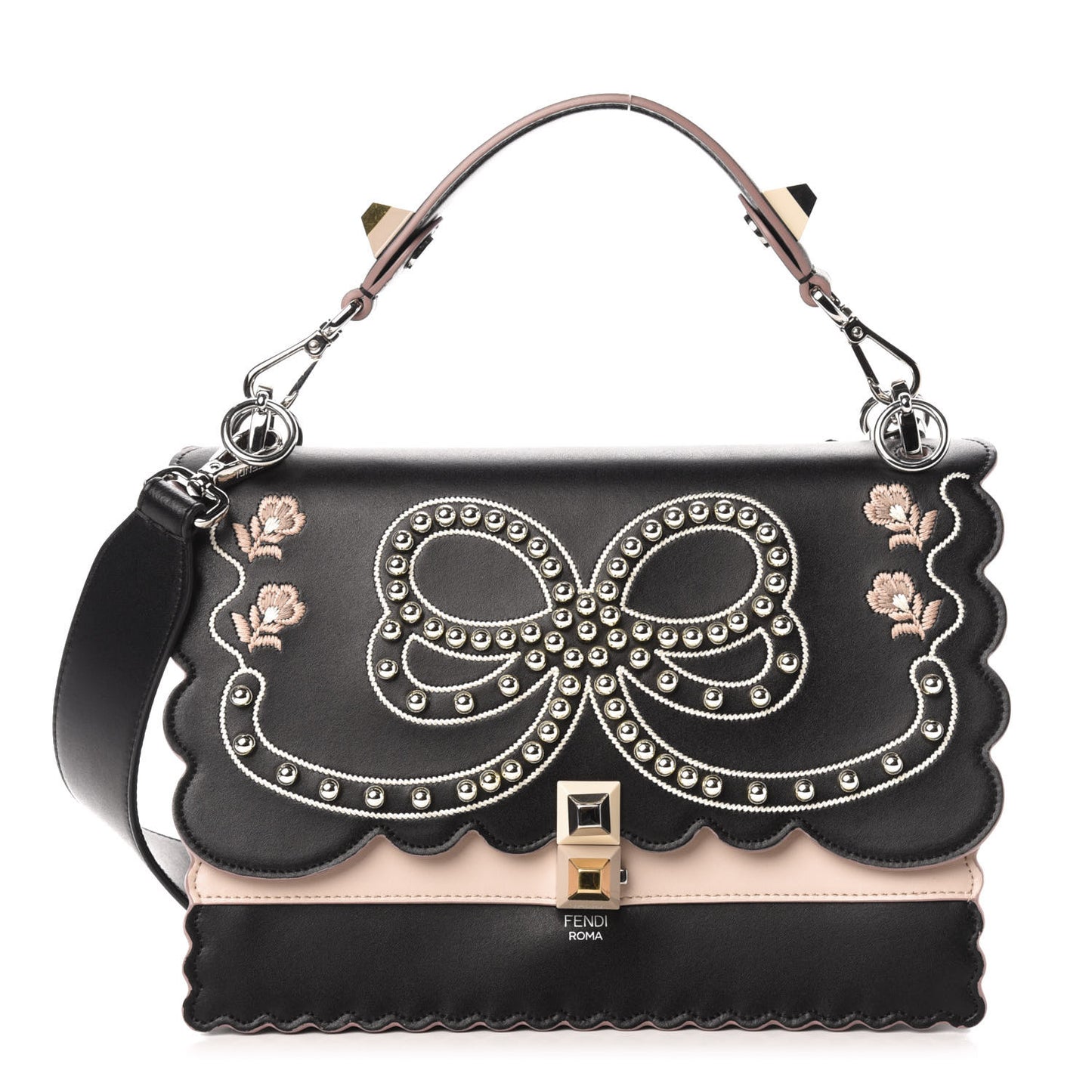 Vitello Liberty Pearl Bi-Color Flowers and Bow Scalloped Studded Kan I Shoulder Bag Black Soap