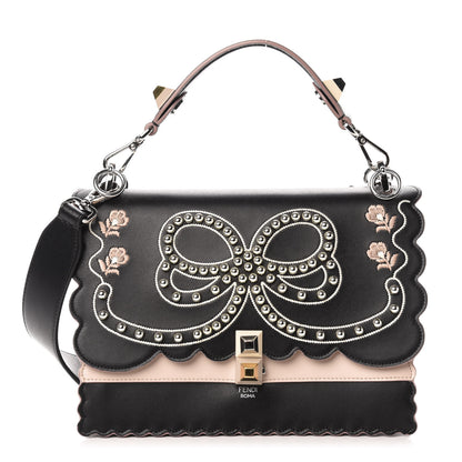 Fendi Vitello Liberty Pearl Bi-Color Flowers and Bow Scalloped Studded Kan I Shoulder Bag Black Soap 1 of 12
