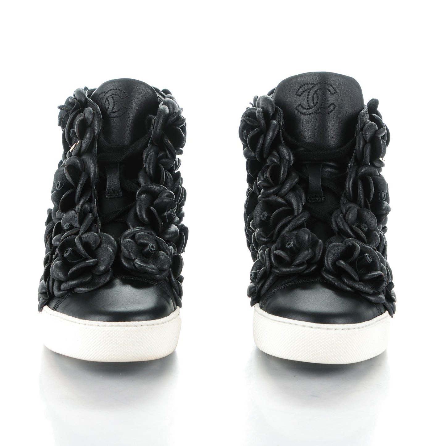 Calfskin Camellia High Top Sneakers 37.5 Black