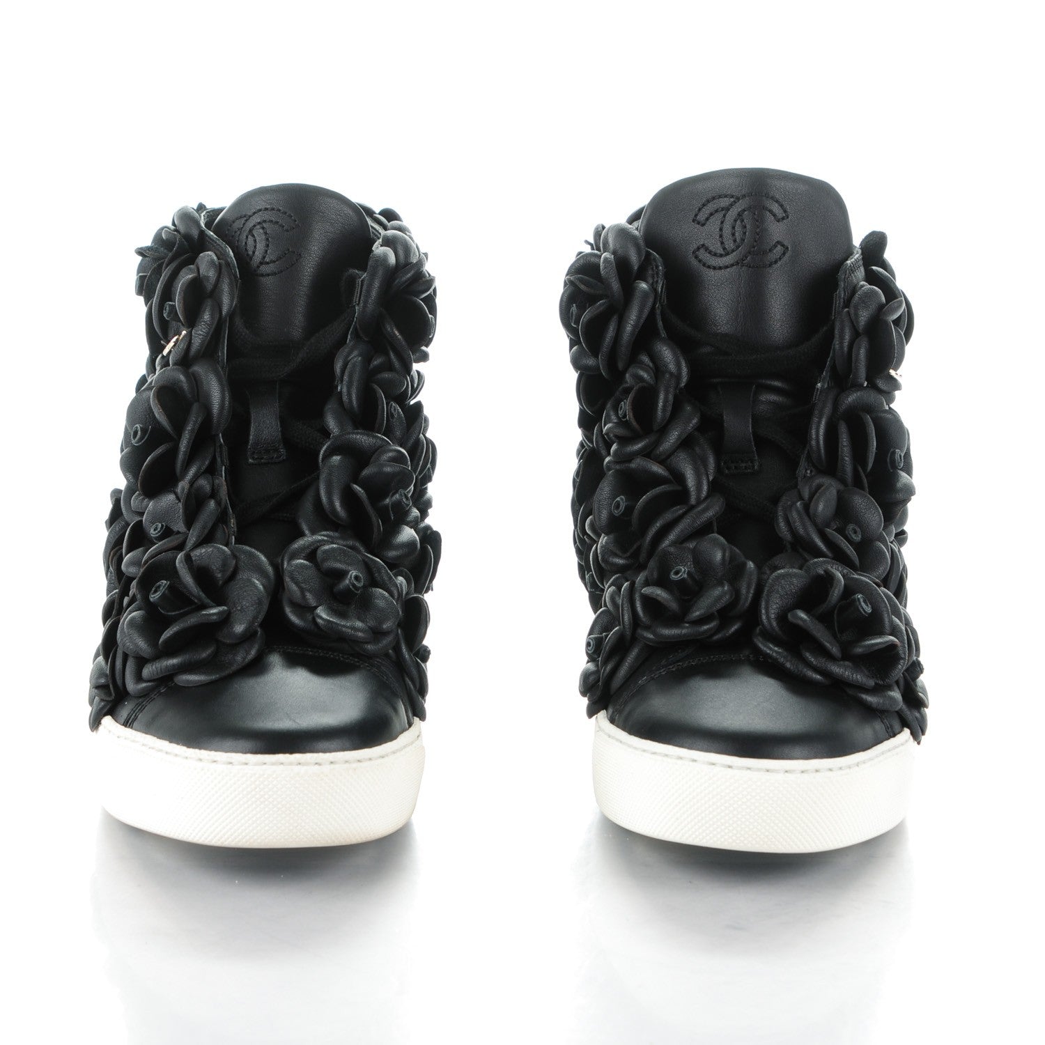 Chanel Calfskin Camellia High Top Sneakers 37.5 Black 2 of 7
