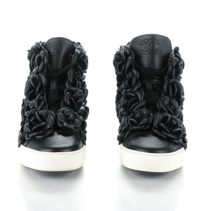 Chanel Calfskin Camellia High Top Sneakers 37.5 Black 2 of 7