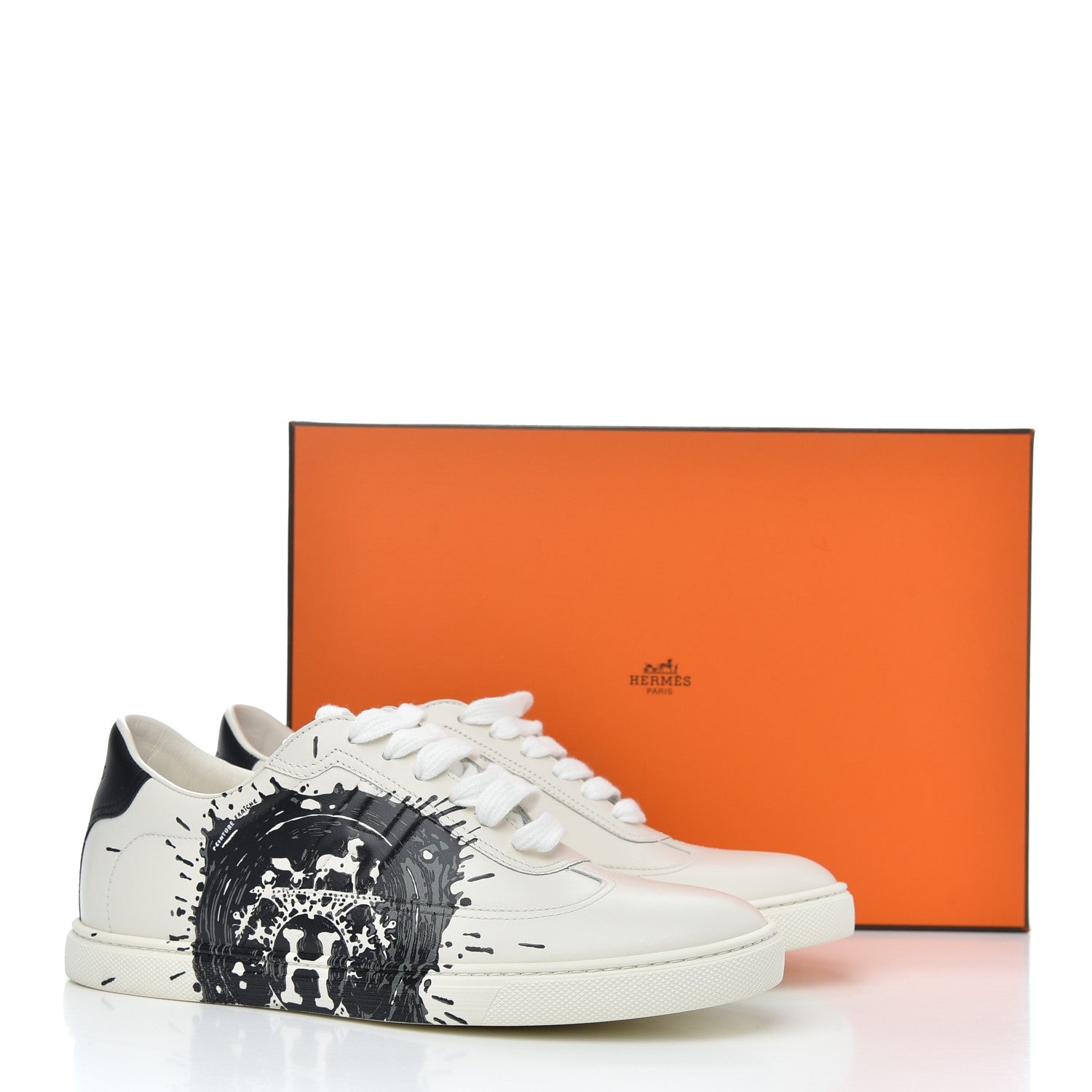 Hermes Swift Printed Peinture Fraiche Quicker Sneakers 37.5 White Black 10 of 10