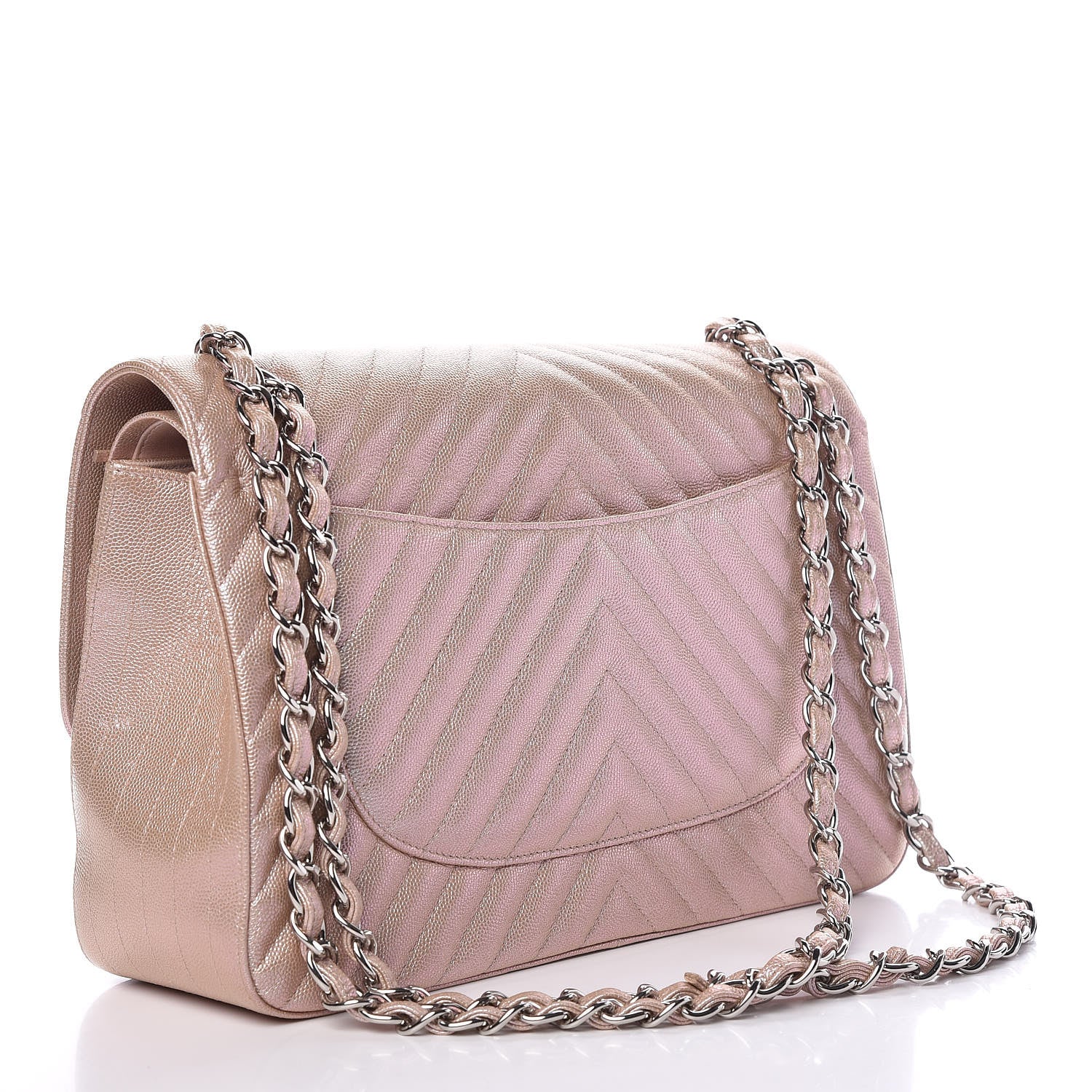 Chanel Metallic Caviar Chevron Quilted Jumbo Double Flap Light Gold 4 of 11