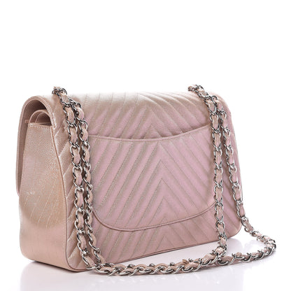 Chanel Metallic Caviar Chevron Quilted Jumbo Double Flap Light Gold 4 of 11