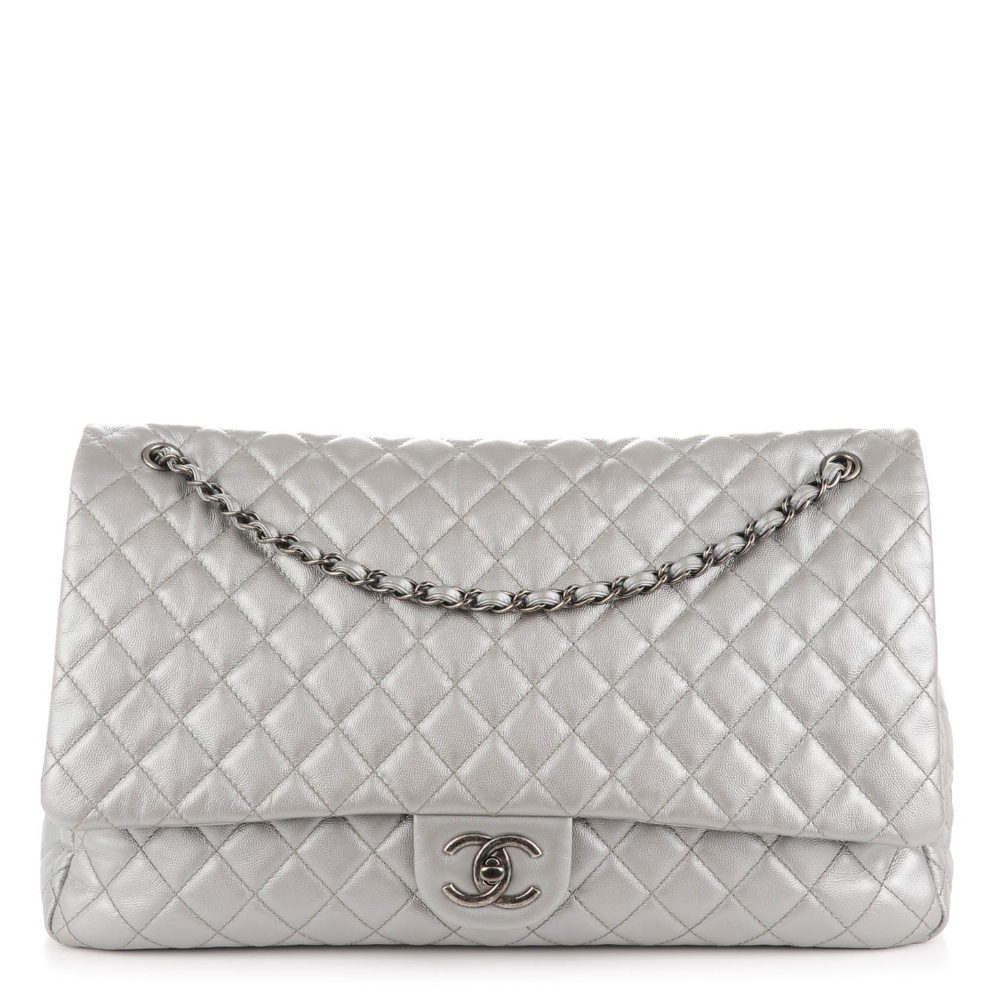 Calfskin XXL Travel Flap Bag Silver