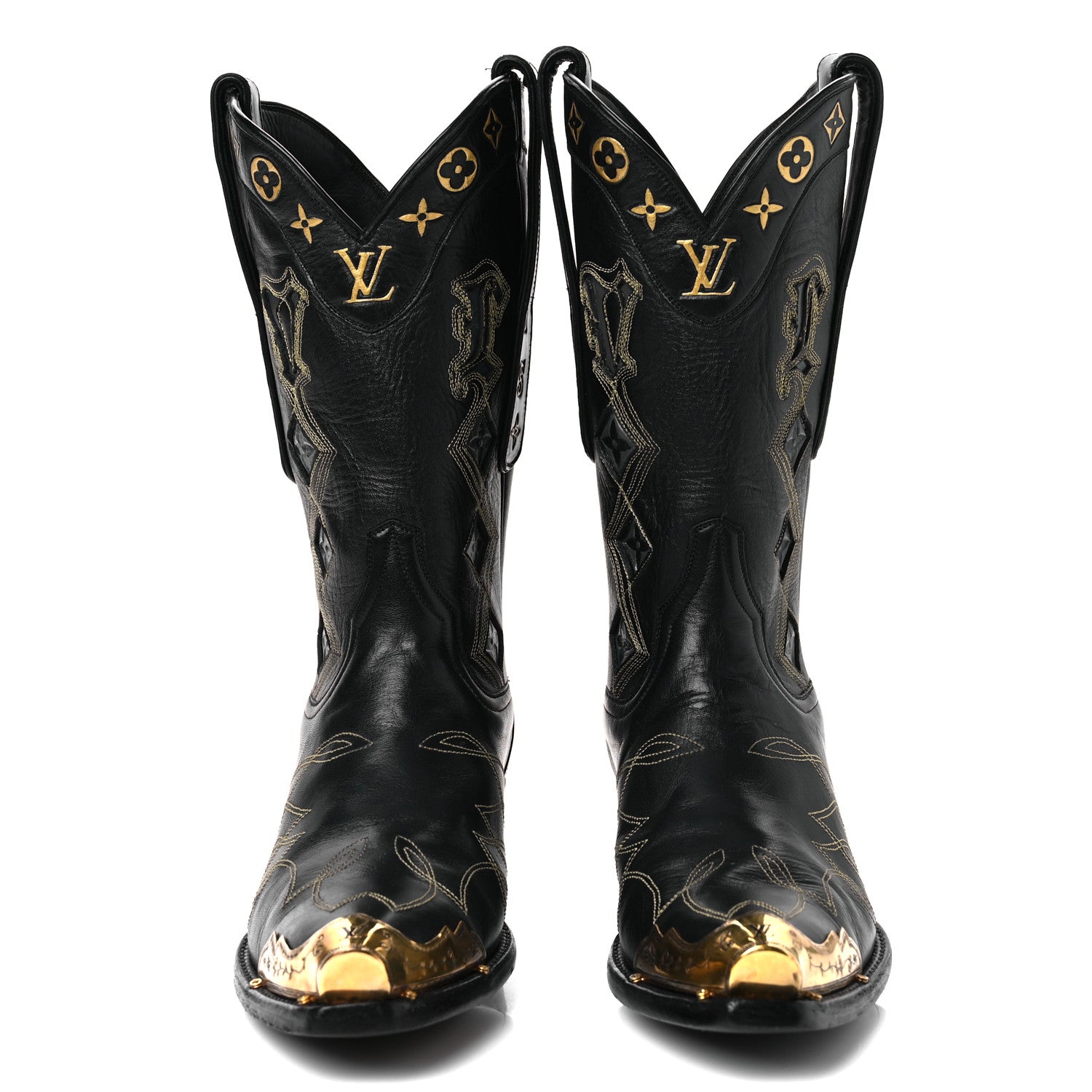 Louis Vuitton Calfskin LV Texan Mens Rider Boots 7.5 Black Gold 3 of 11