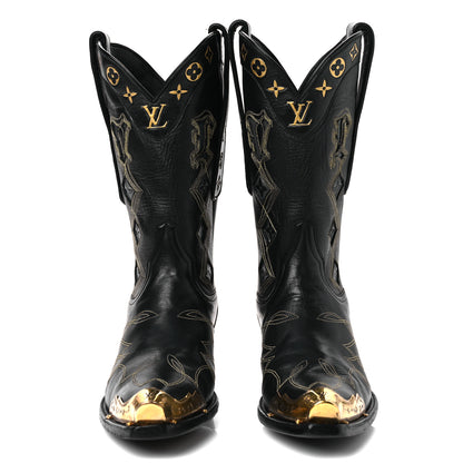 Louis Vuitton Calfskin LV Texan Mens Rider Boots 7.5 Black Gold 3 of 11