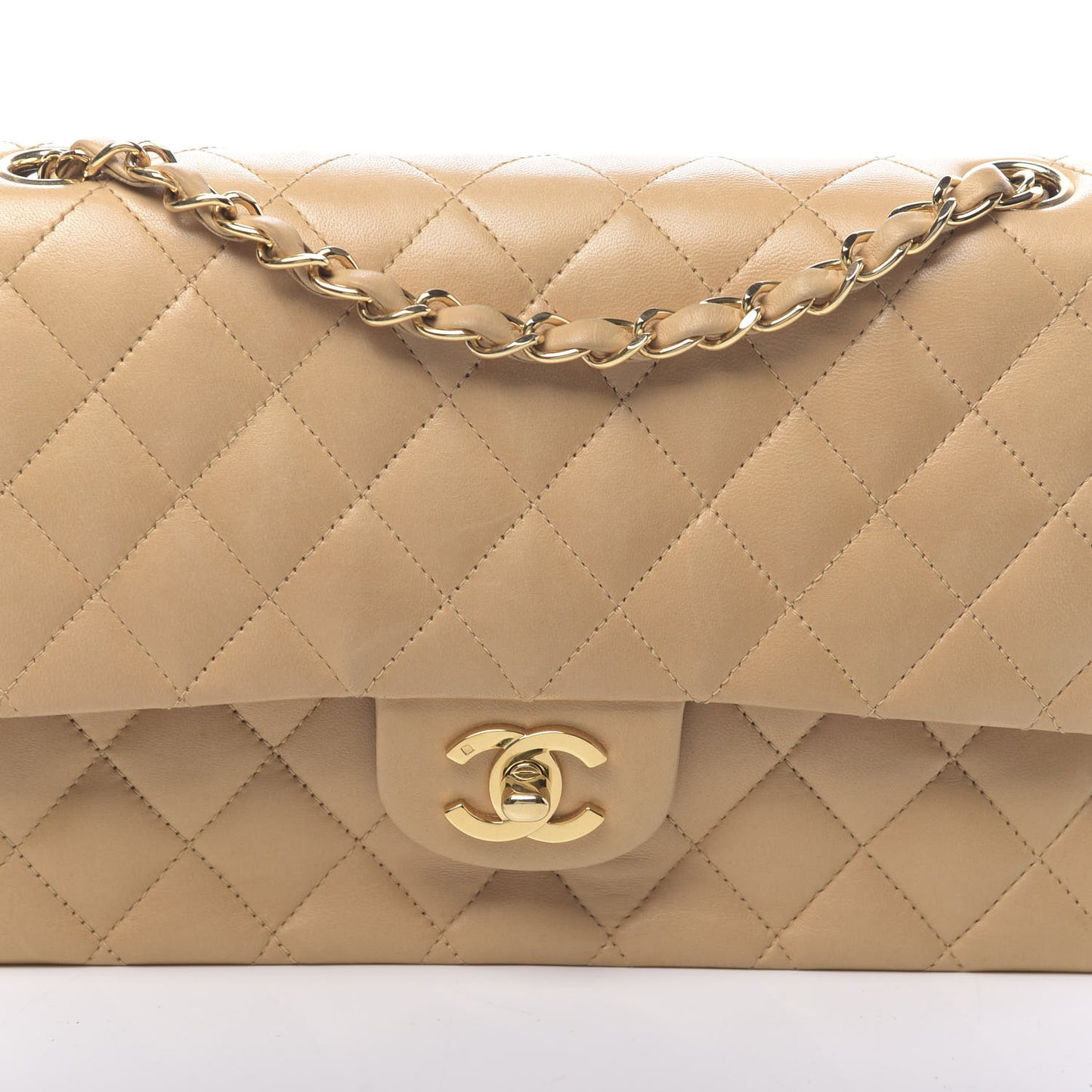 Lambskin Quilted Medium Double Flap Beige