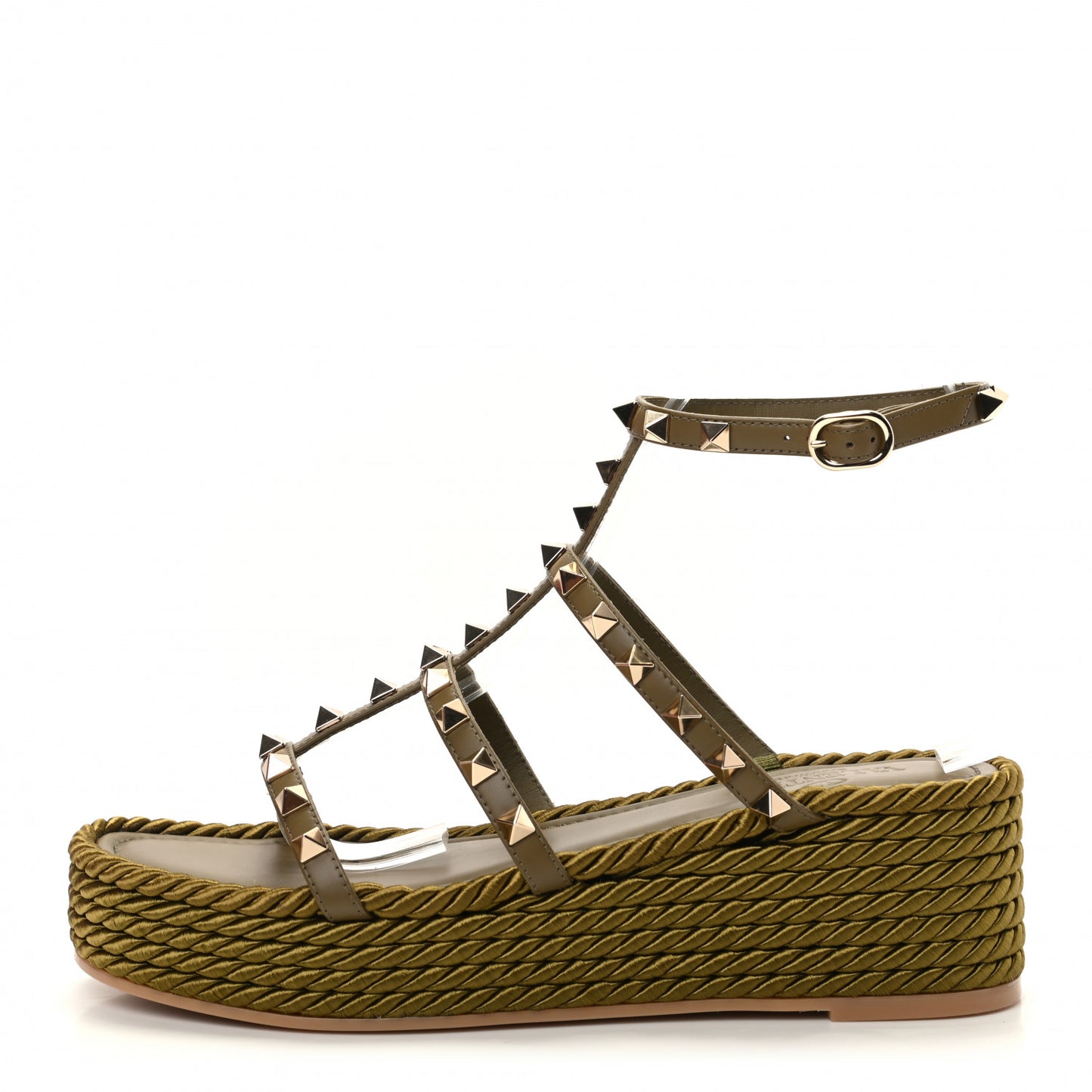 Calfskin Rockstud Ankle Strap Torchon Espadrille Caged 30/55mm Sandals 39 Lichen