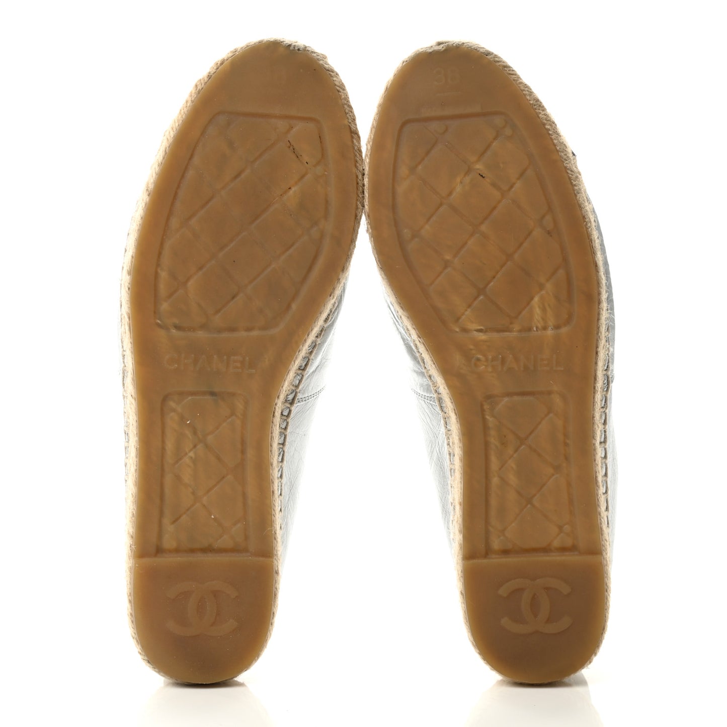 Metallic Lambskin Grosgrain Embroidered CC Espadrilles 38 Silver Black