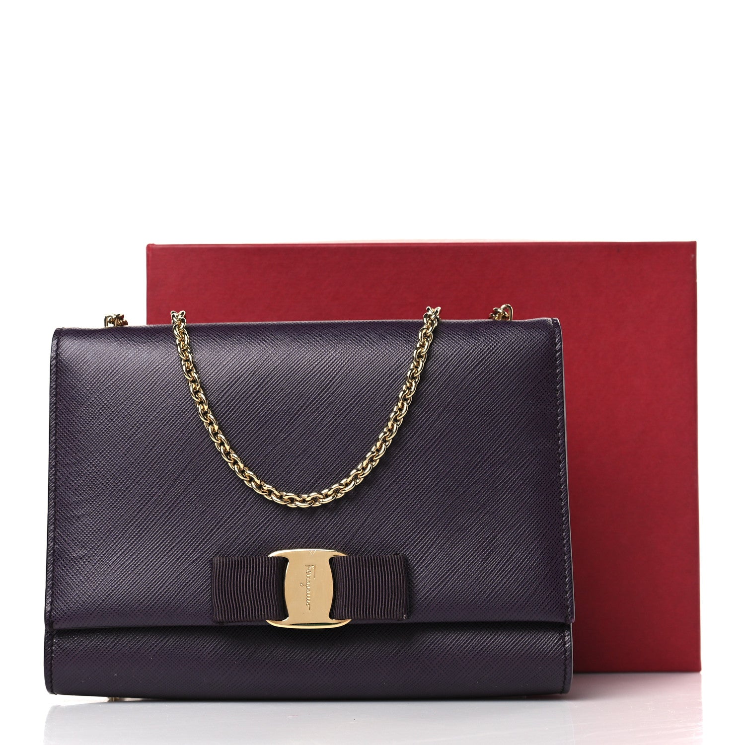 Salvatore Ferragamo Printed Calfskin Vara Bow Chain Flap Crossbody Purple 9 of 9