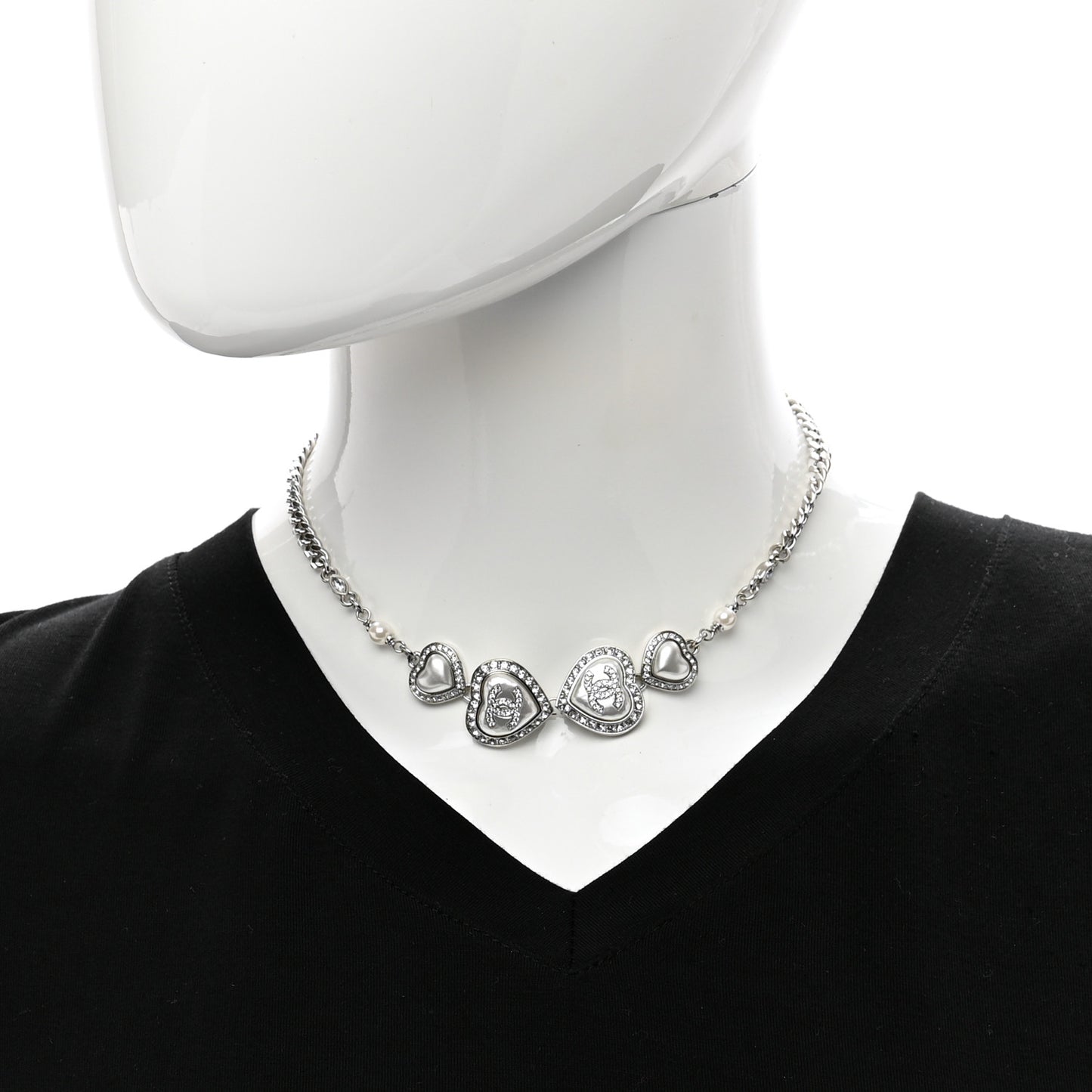 Pearl Crystal CC Heart Choker Necklace Silver