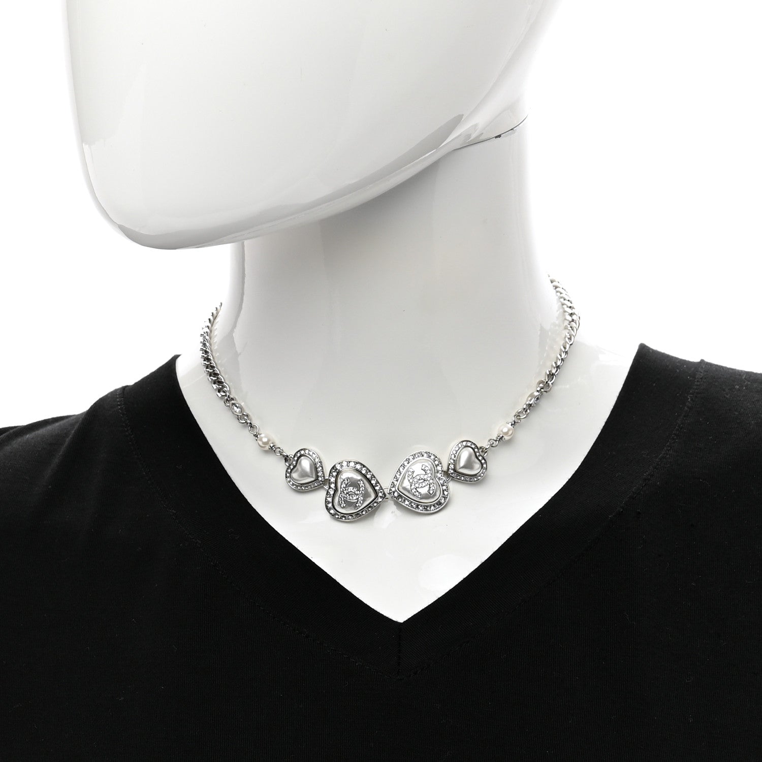 Chanel Pearl Crystal CC Heart Choker Necklace Silver 2 of 4