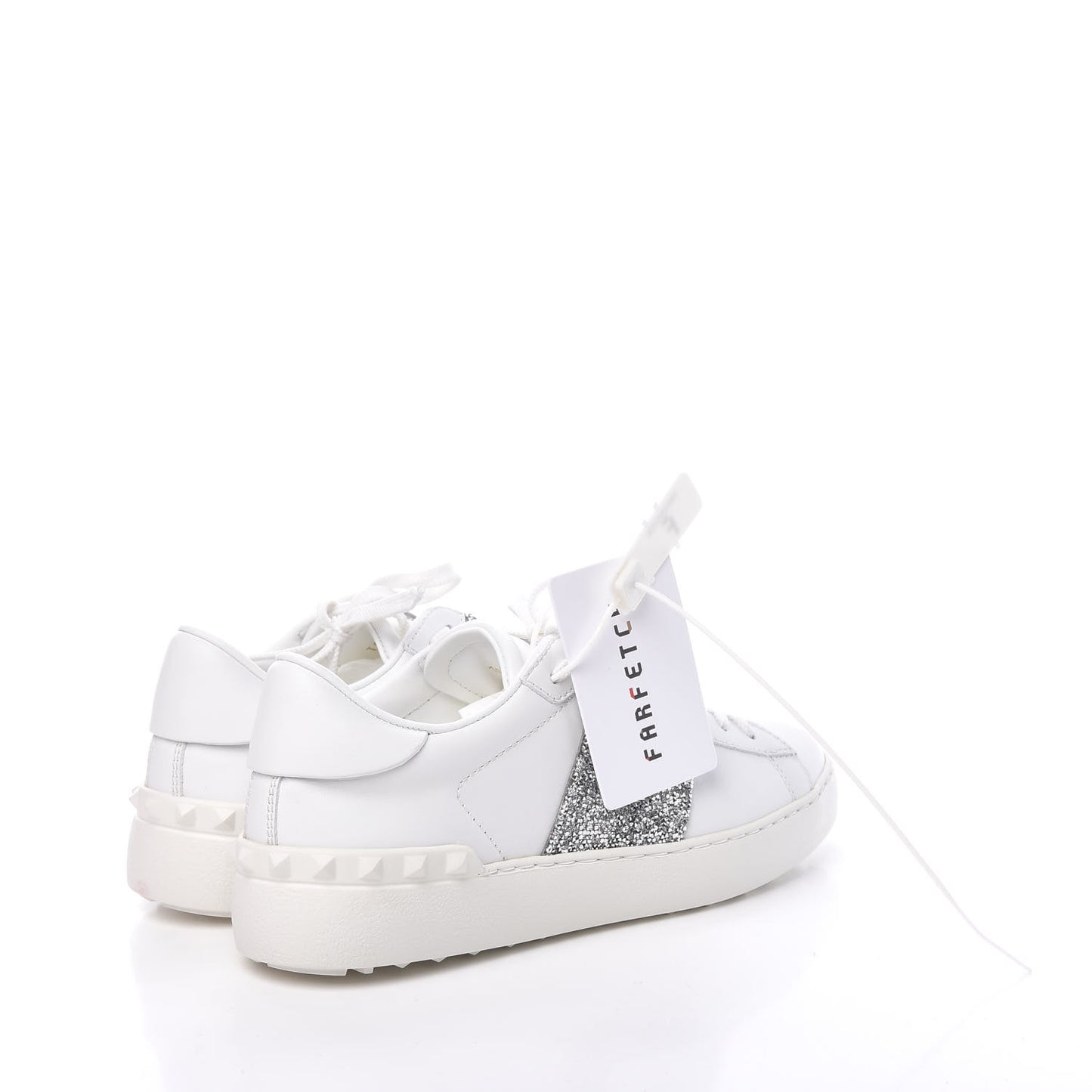 Calfskin Glitter Rockstud Open Sneakers 37.5 White Silver