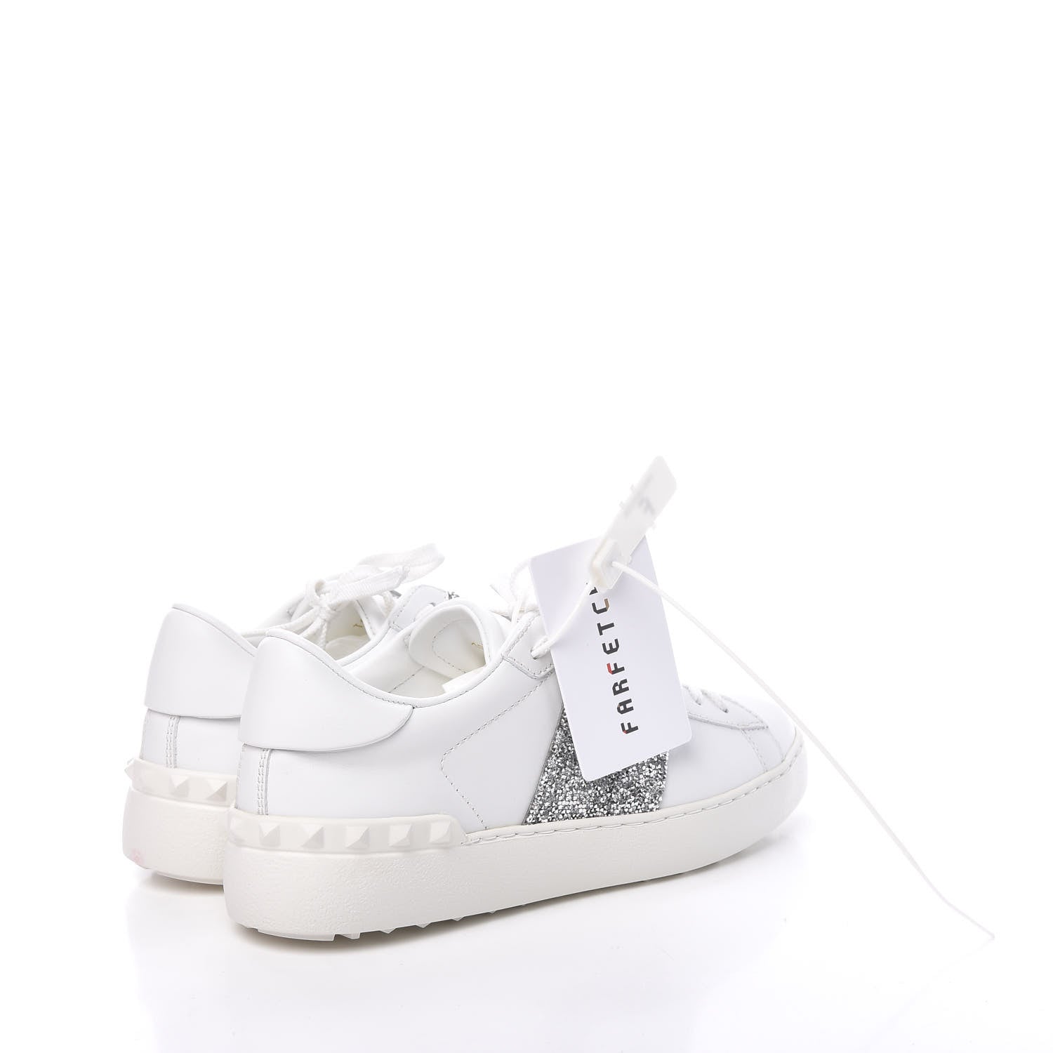 Valentino Garavani Calfskin Glitter Rockstud Open Sneakers 37.5 White Silver 4 of 9