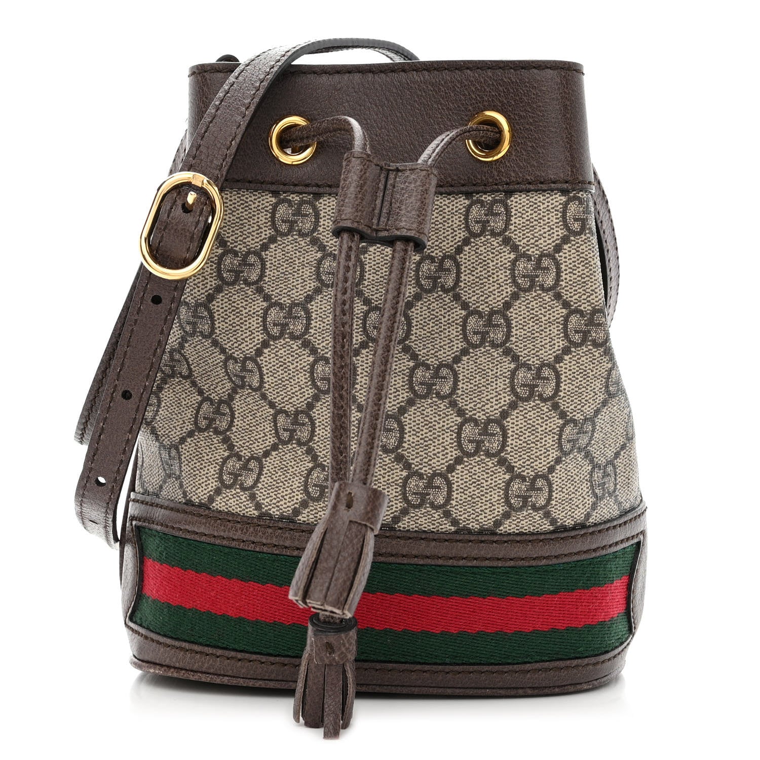 Gucci GG Supreme Monogram Web Mini Ophidia Bucket Bag Brown 1 of 10