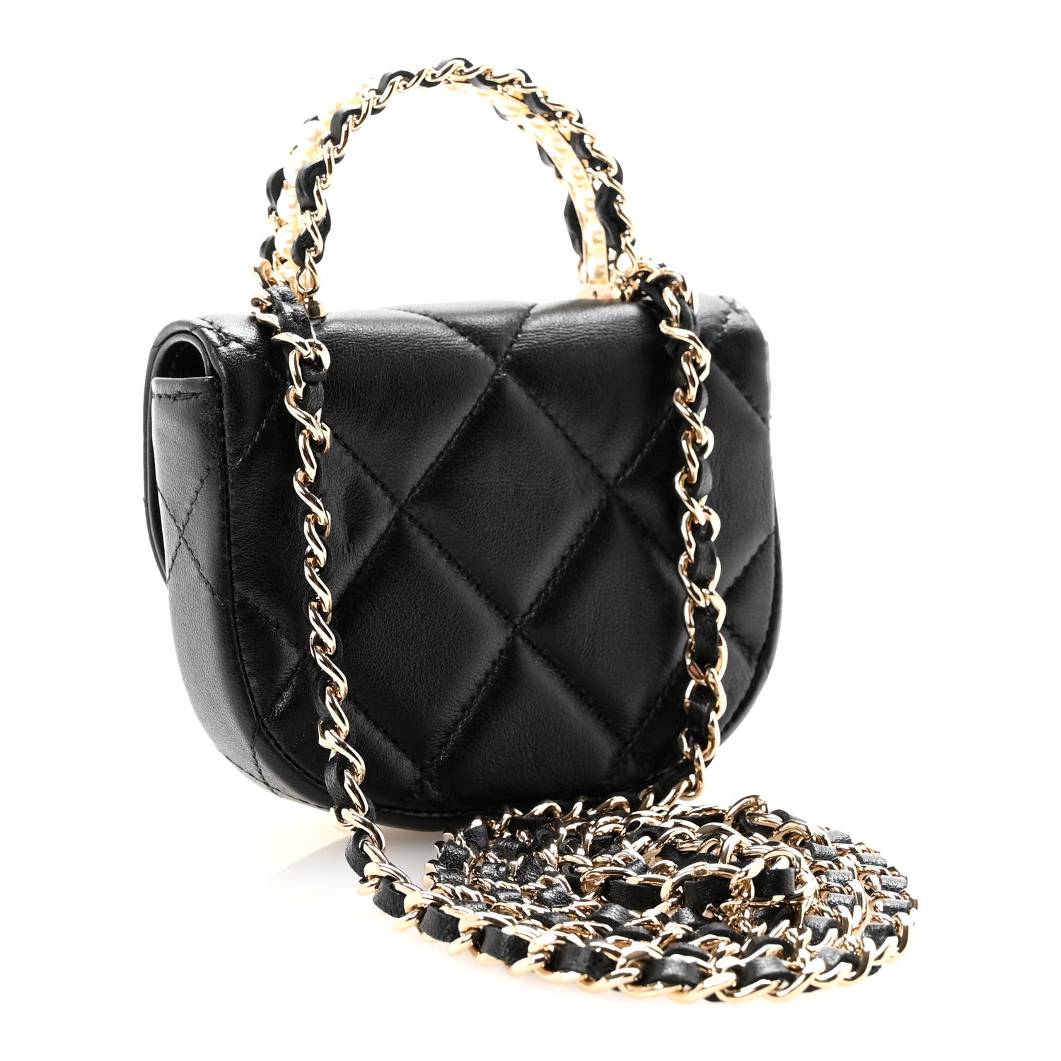 Chanel Lambskin Quilted Pearl Top Handle Clutch With Chain Black 3 of 12