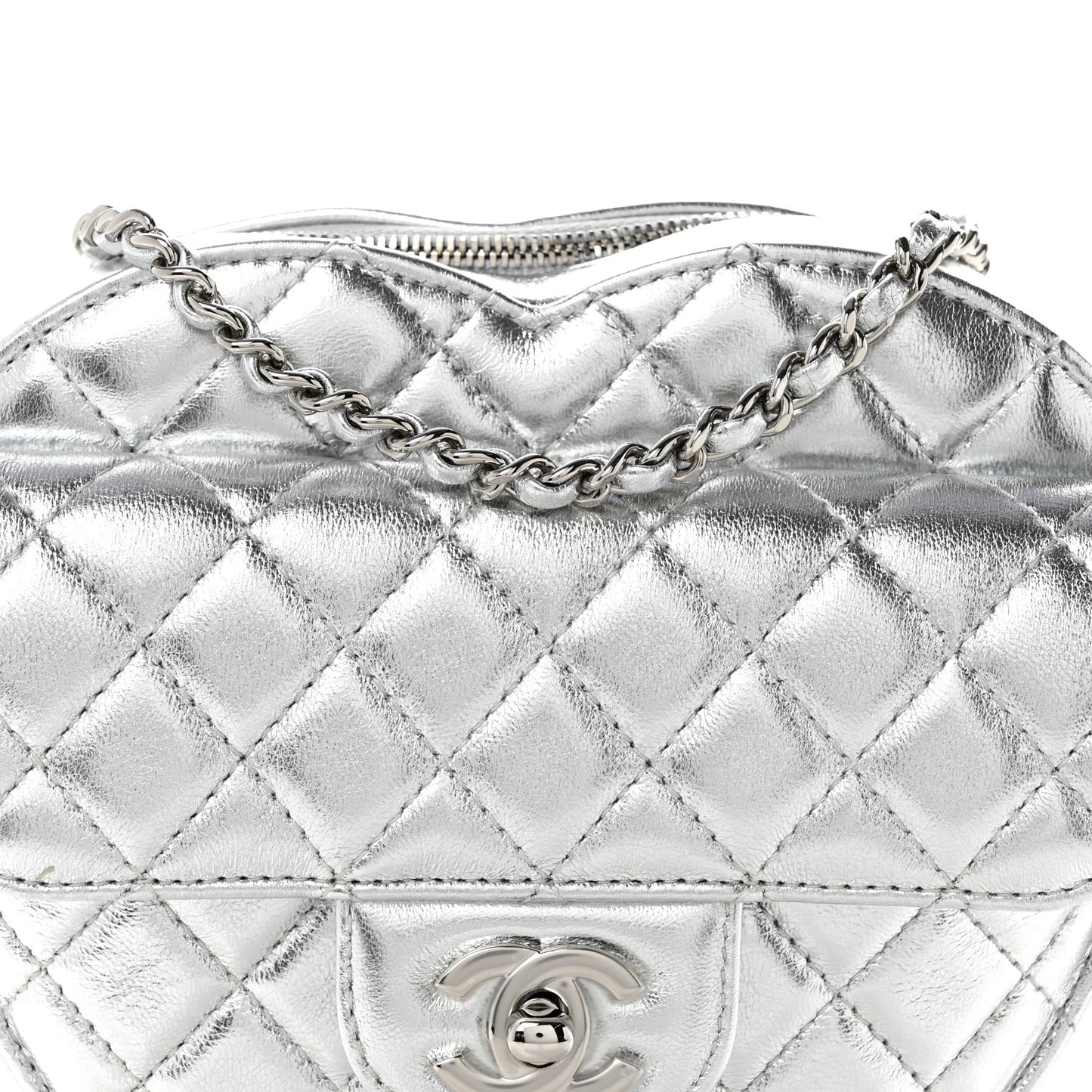 Metallic Lambskin Quilted Large CC In Love Heart Bag Silver