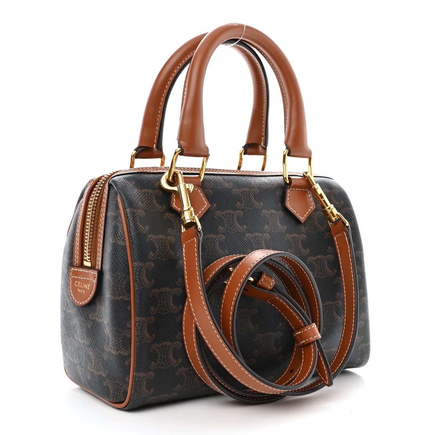 Triomphe Canvas Calfskin Small Boston Bag Tan