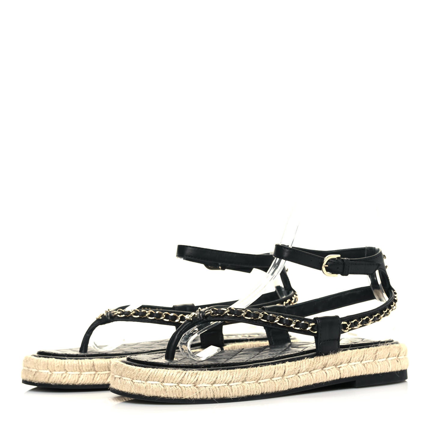 Lambskin Chain CC Thong Espadrille Sandals 37 Black
