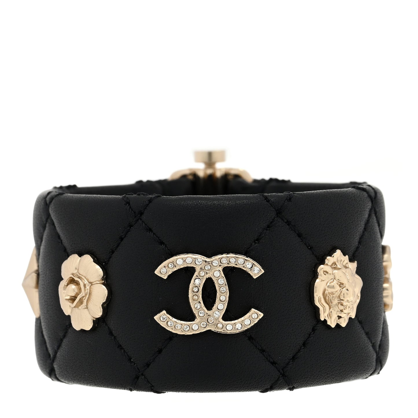 Lambskin Quilted CC Charms Turnlock Cuff Bracelet M Black