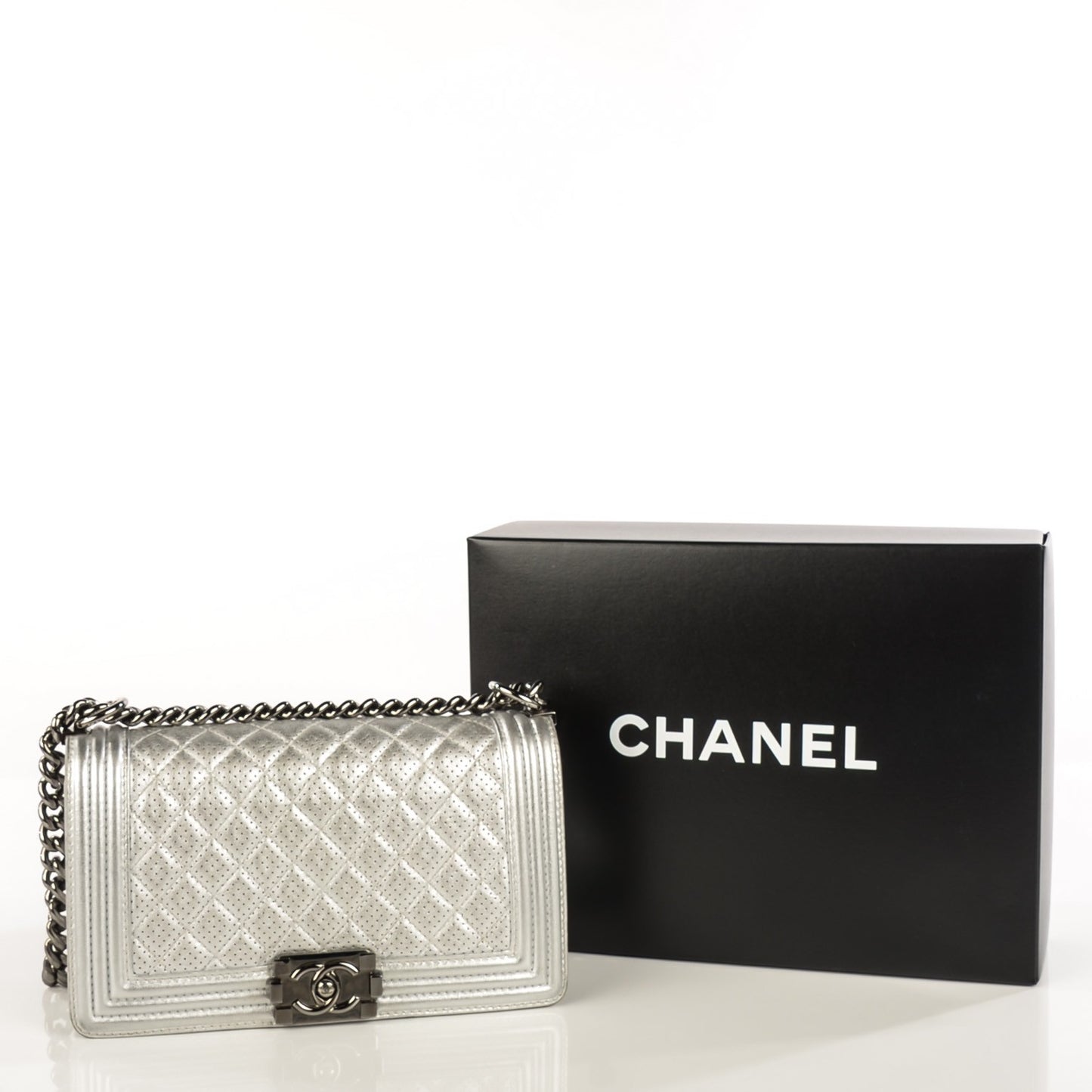 Metallic Lambskin Perforated Medium Boy Flap Silver