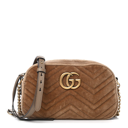 Gucci Velvet Matelasse Small GG Marmont Chain Shoulder Bag Taupe 1 of 7