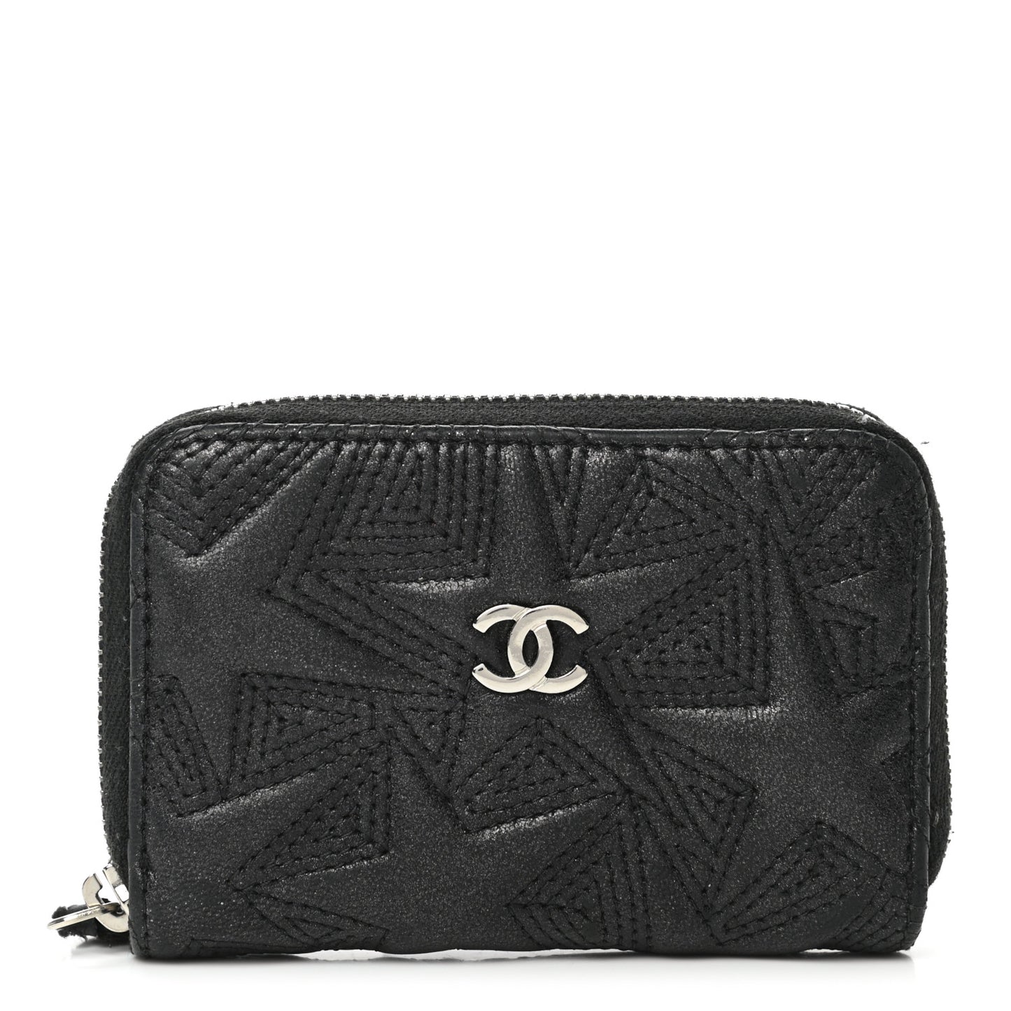 Metallic Lambskin Star Embossed Coin Purse Case Black