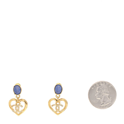 Chanel Metal Crystal CC Heart Drop Earrings Gold Blue 2 of 4