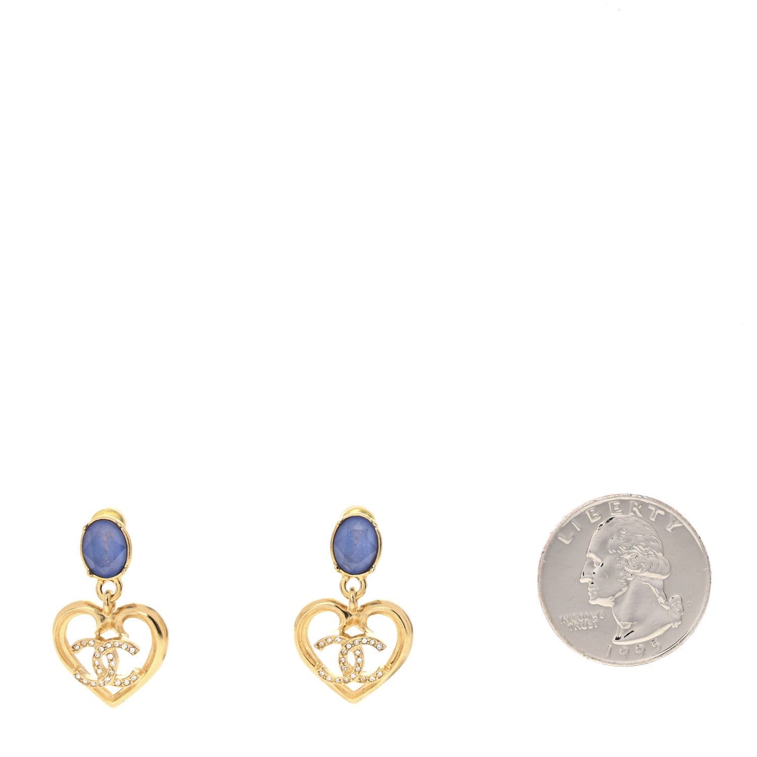Chanel Metal Crystal CC Heart Drop Earrings Gold Blue 2 of 4
