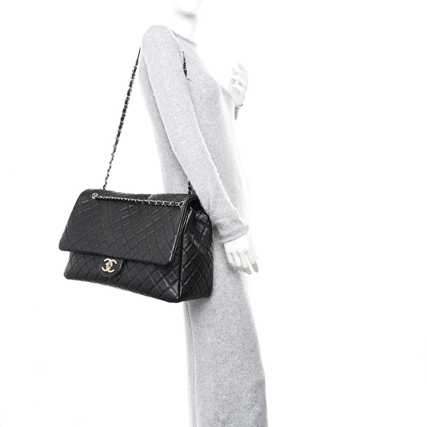 Metallized Calfskin Quilted XXL Travel Flap Bag Black