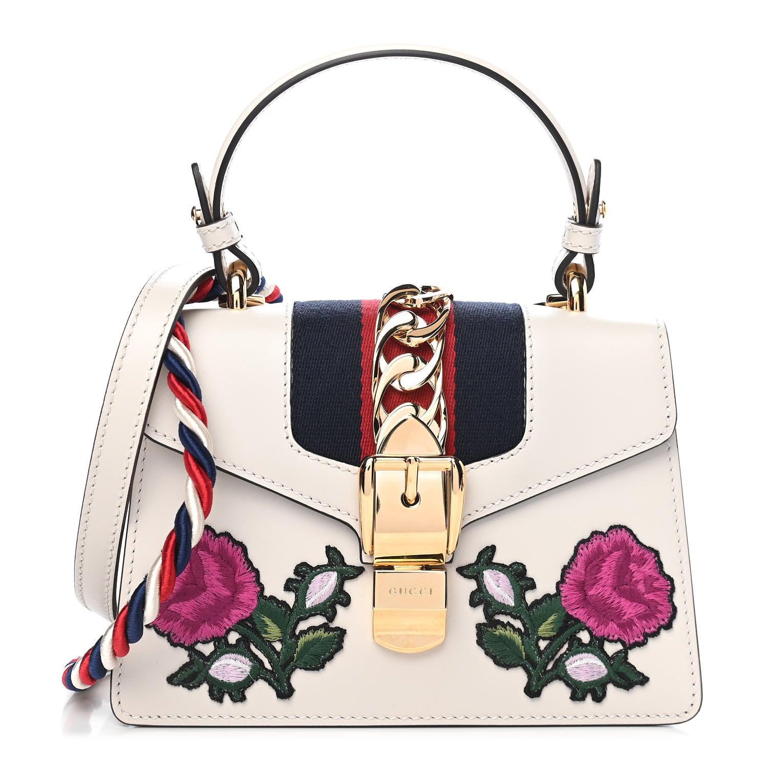 Gucci Calfskin Embroidered Mini Sylvie Top Handle Bag White 1 of 9