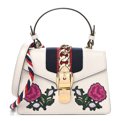 Gucci Calfskin Embroidered Mini Sylvie Top Handle Bag White 1 of 9