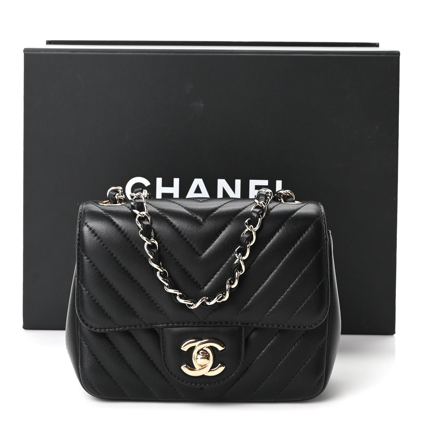 Lambskin Chevron Quilted Mini Square Flap Black