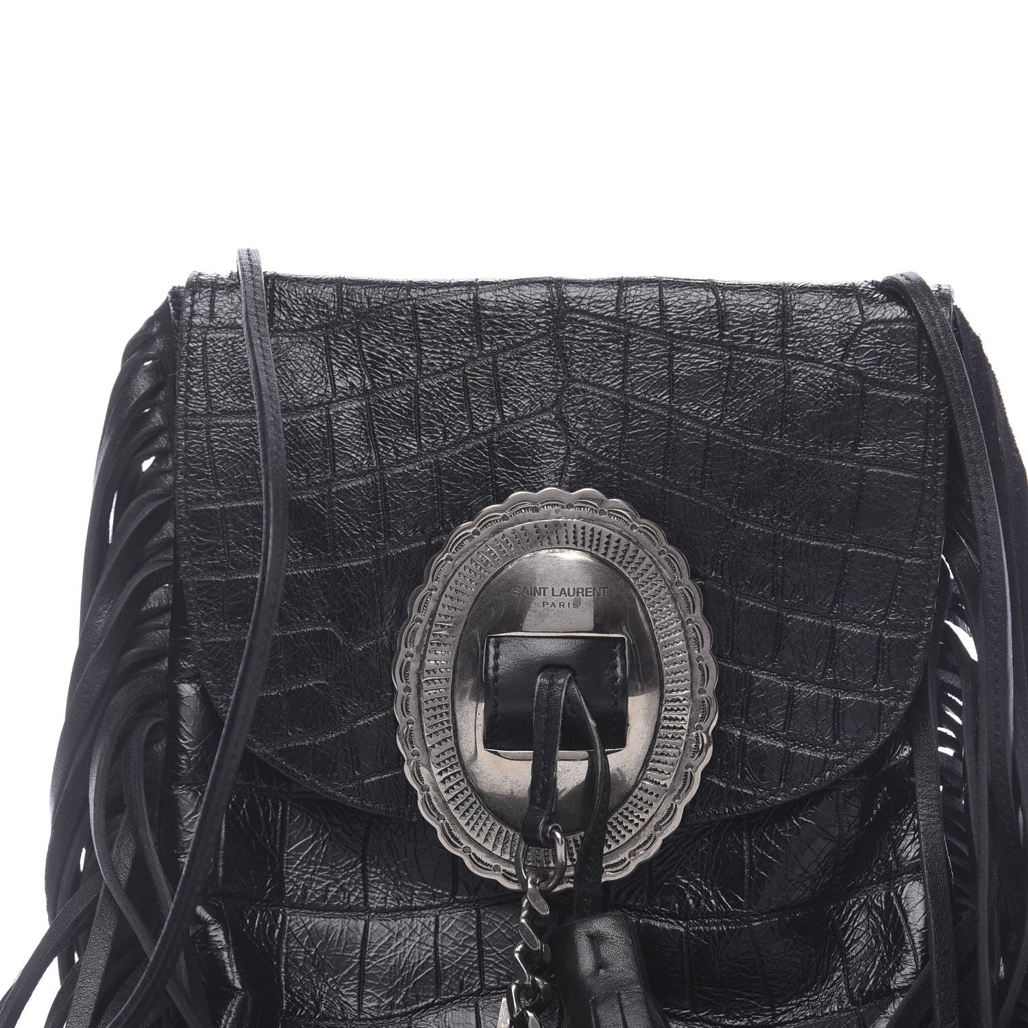 Saint Laurent Calfskin Crocodile Embossed Anita Tassed Crossbody Bag Black 9 of 9