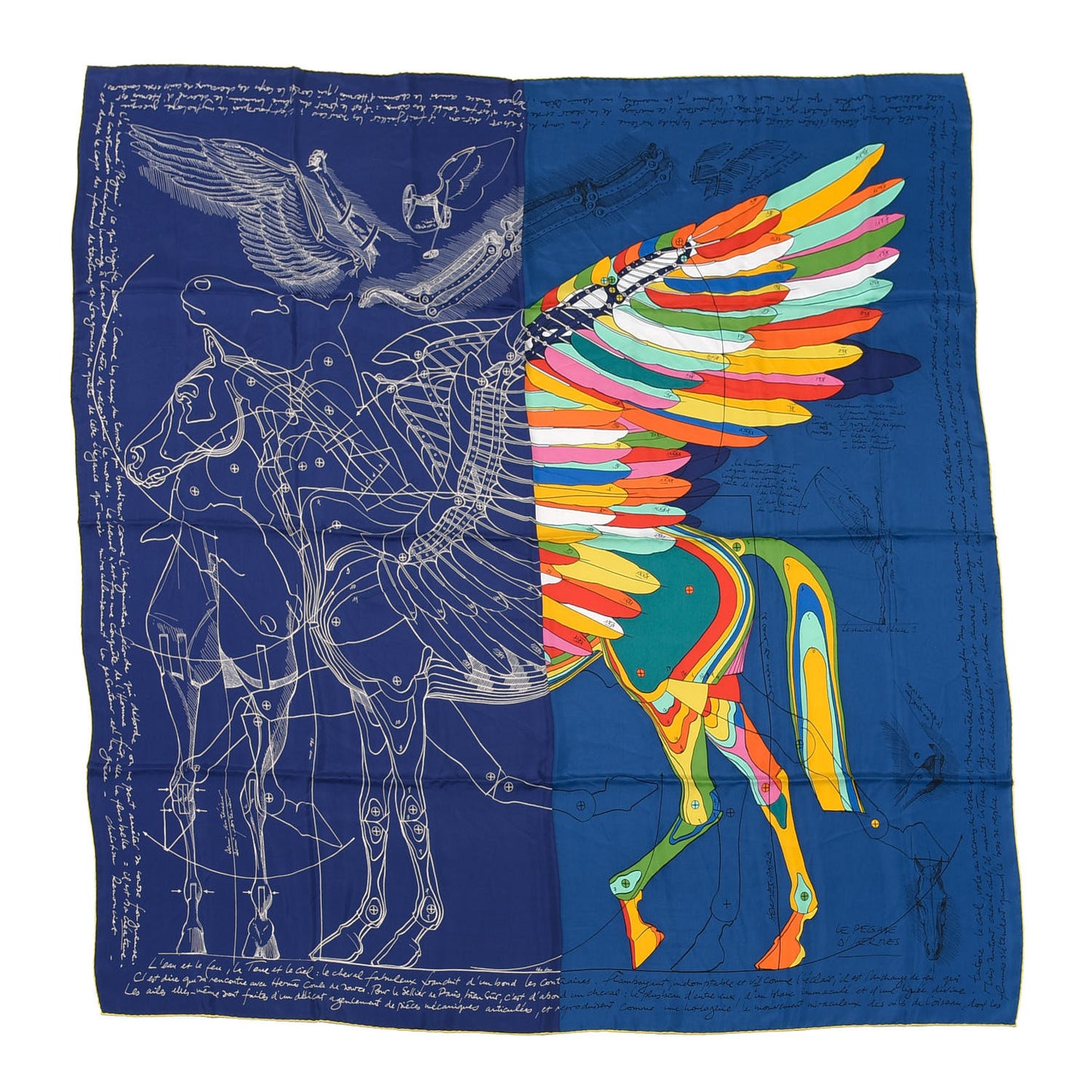 Silk Le Pegase d'Hermes Cut Wash 140 Scarf Marine Jaune Vif Multicolore
