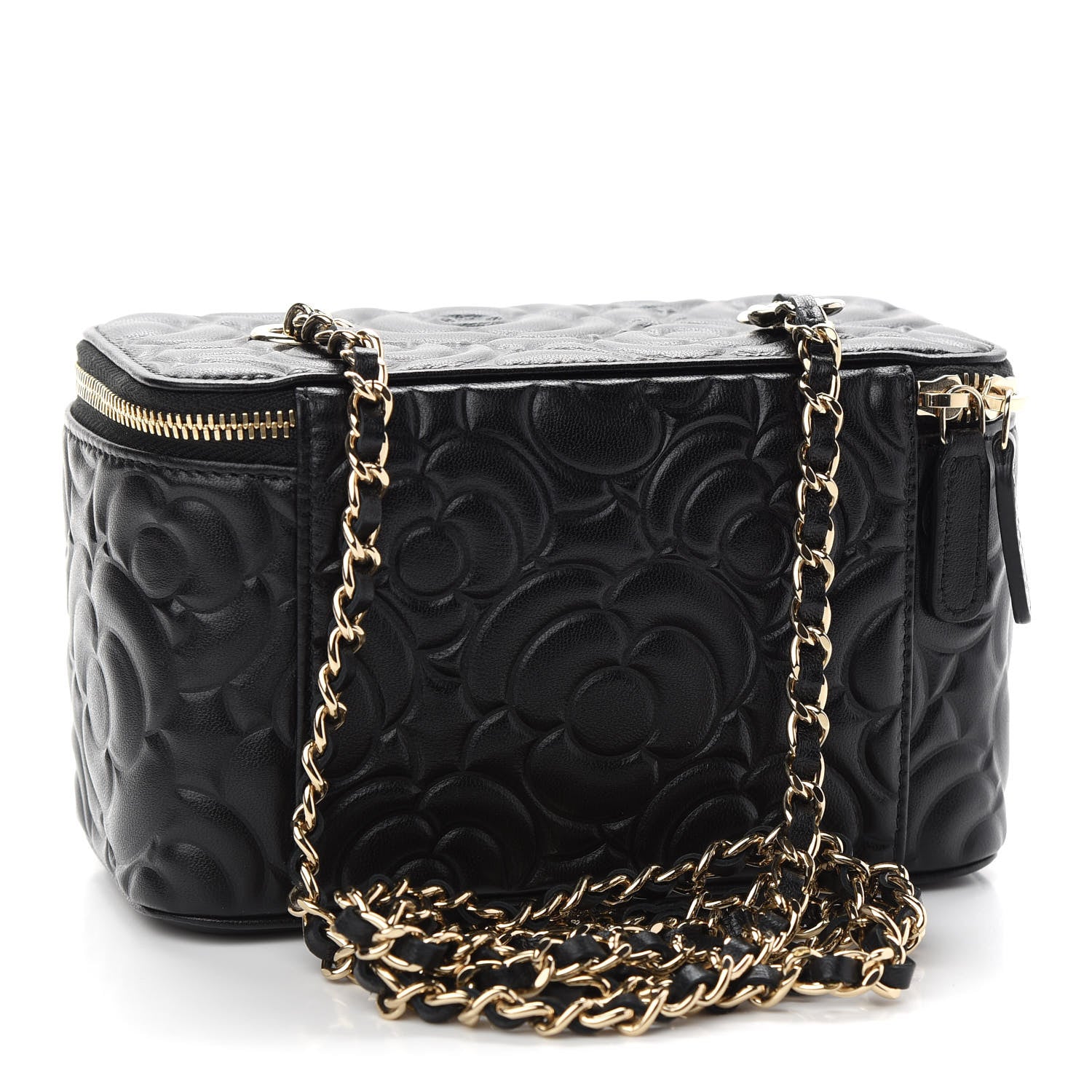 Chanel Lambskin Camellia Embossed Small Vanity Case With Chain Black 3 of 9